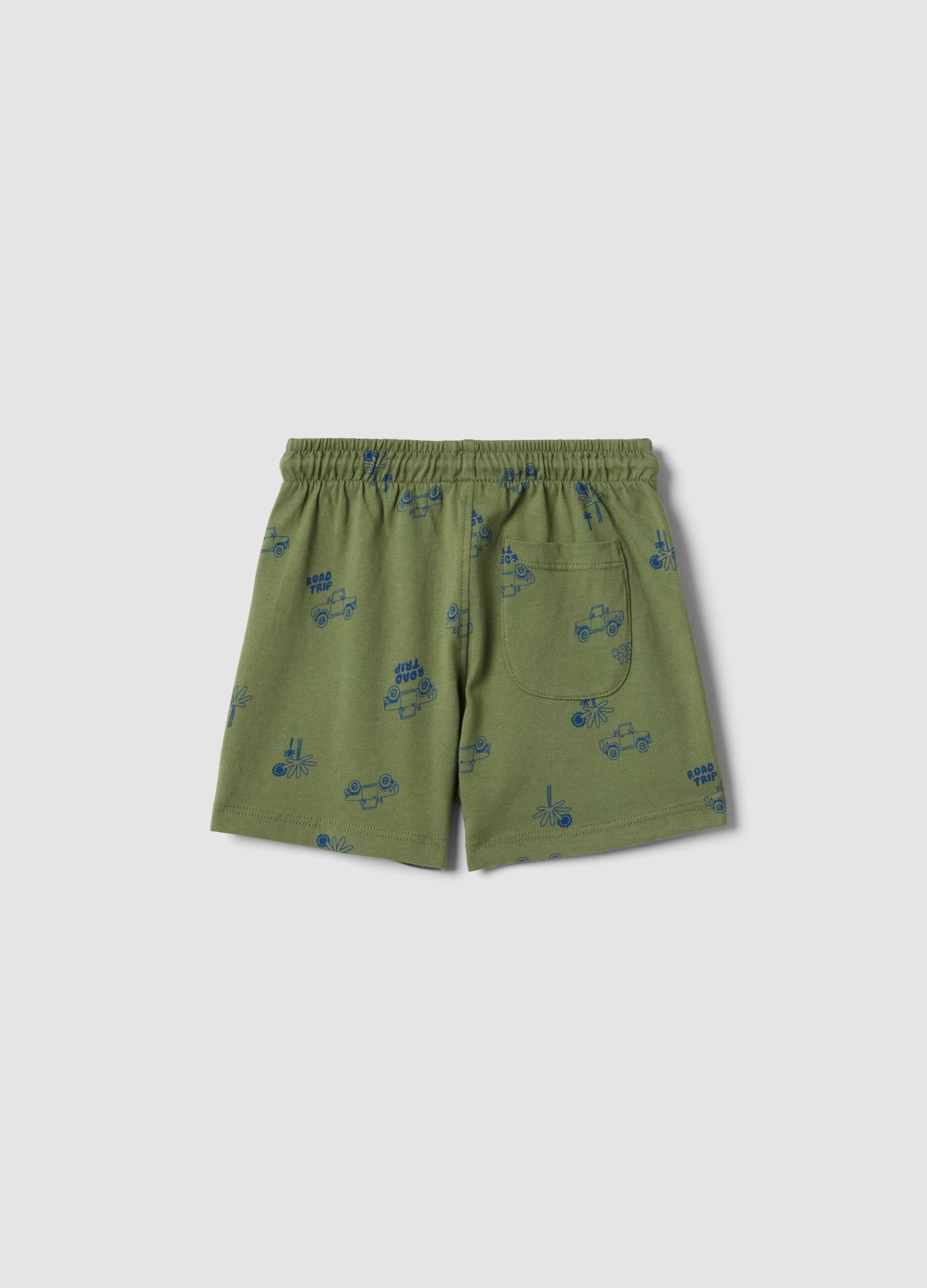 Green pure cotton shorts for children regular fit with prints