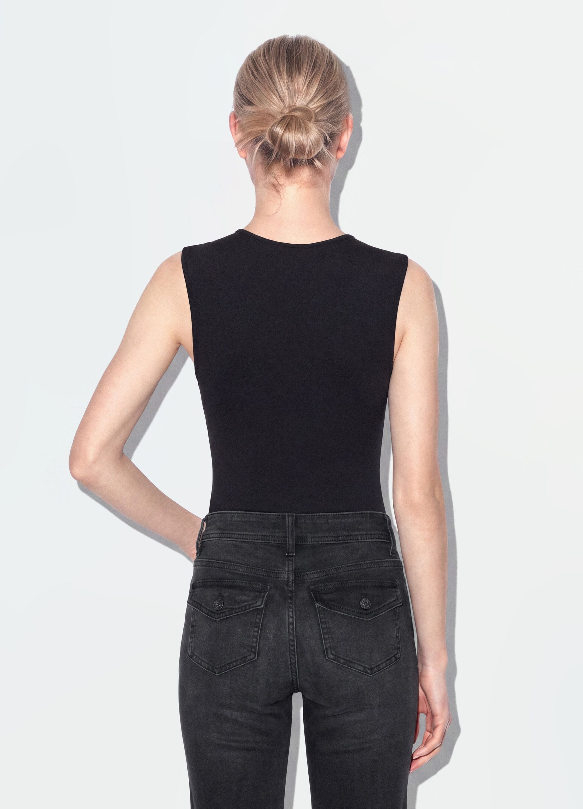 Black stretch jersey bodysuit with ruching, regular fit