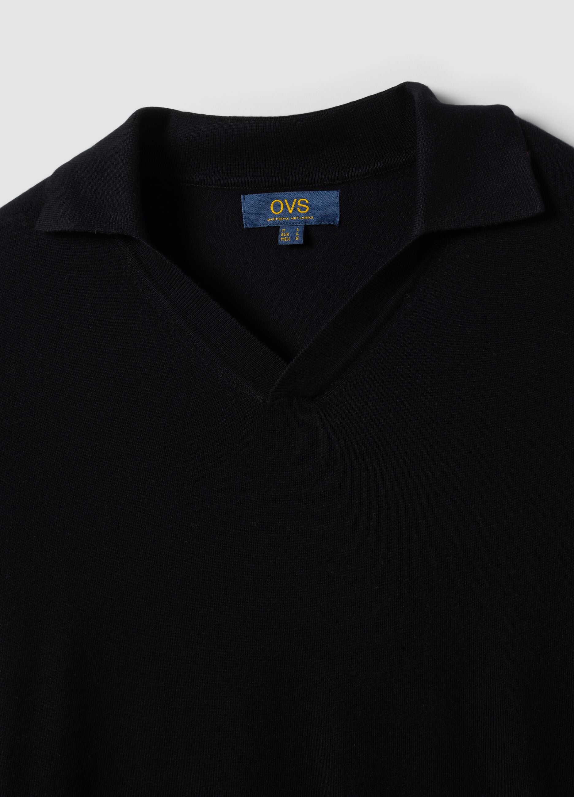 Black viscose-blend polo shirt with V-neck and regular fit collar