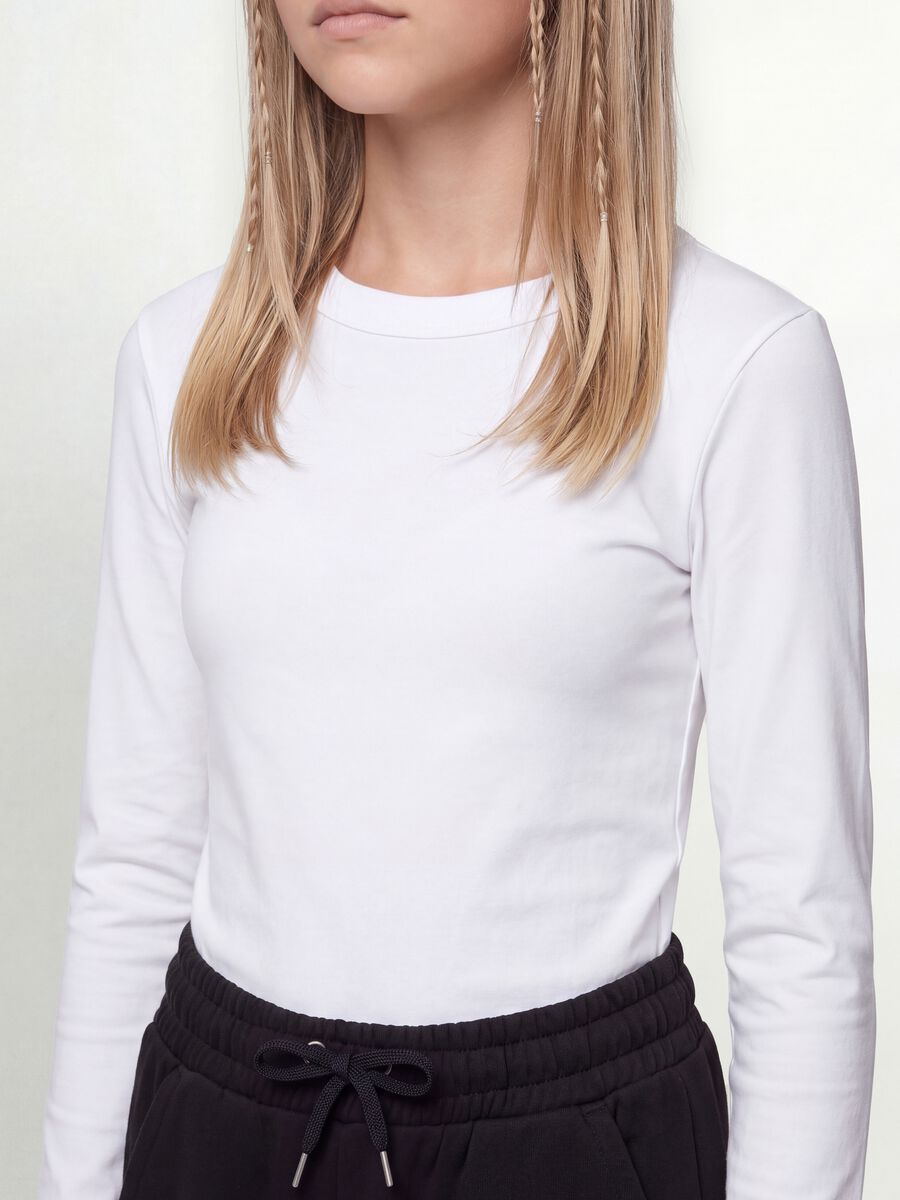White organic cotton and stretchy viscose T-shirt with ribbed neckline for girls_2