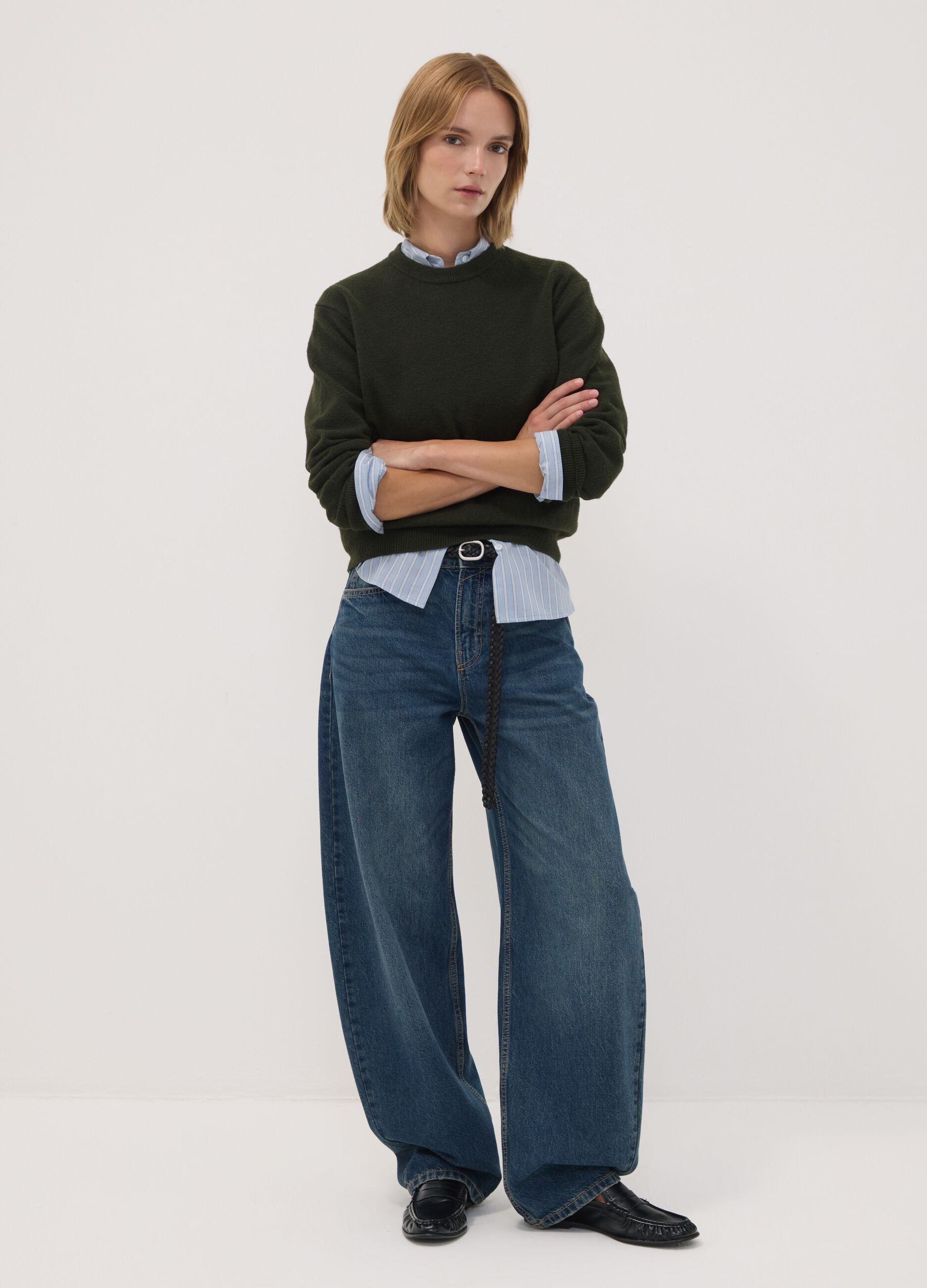 Green stretch wool crew-neck jumper