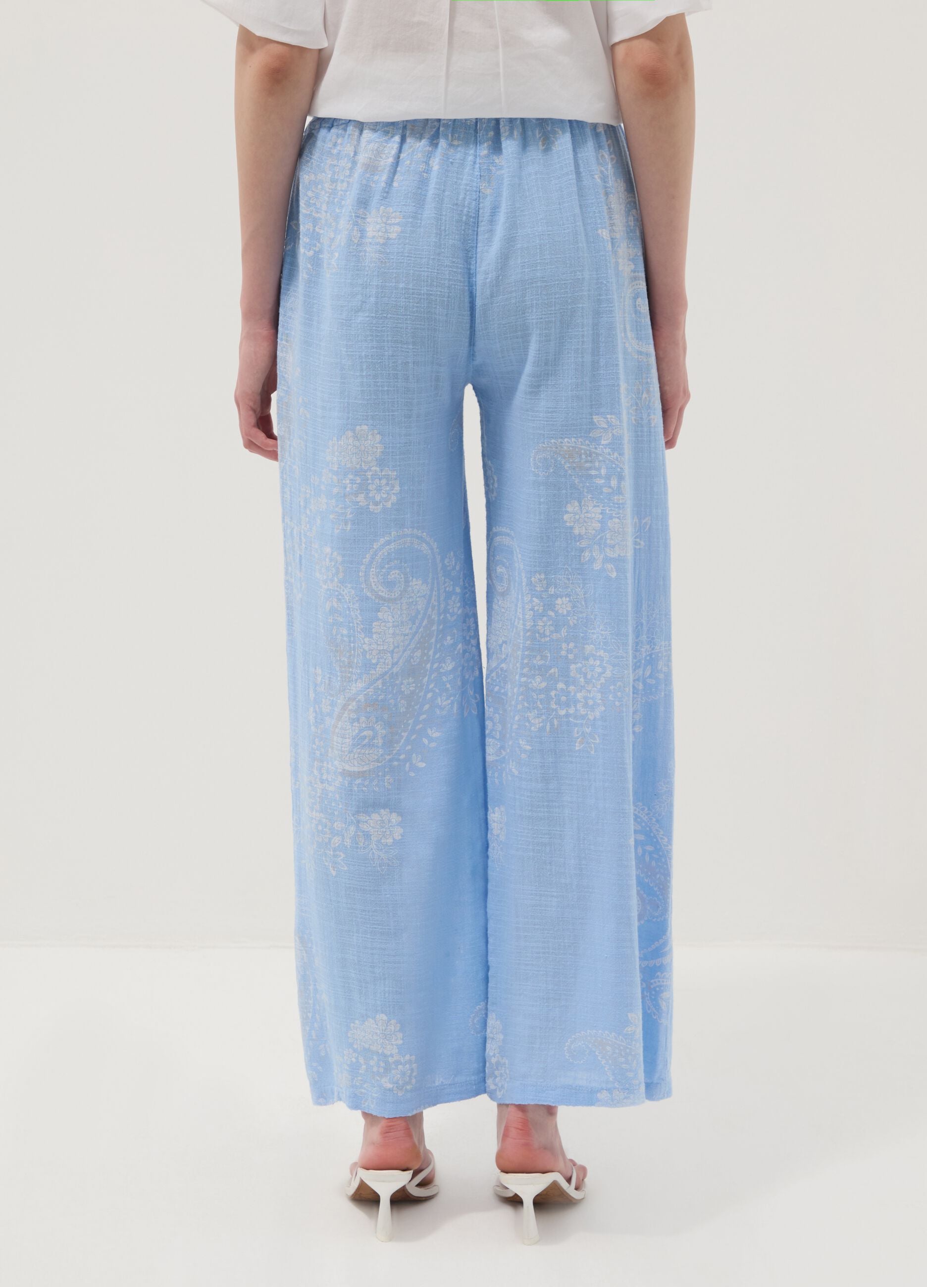 Light Blue Wide-Leg Pure Cotton Paisley Print Trousers &ndash; Regular Fit
