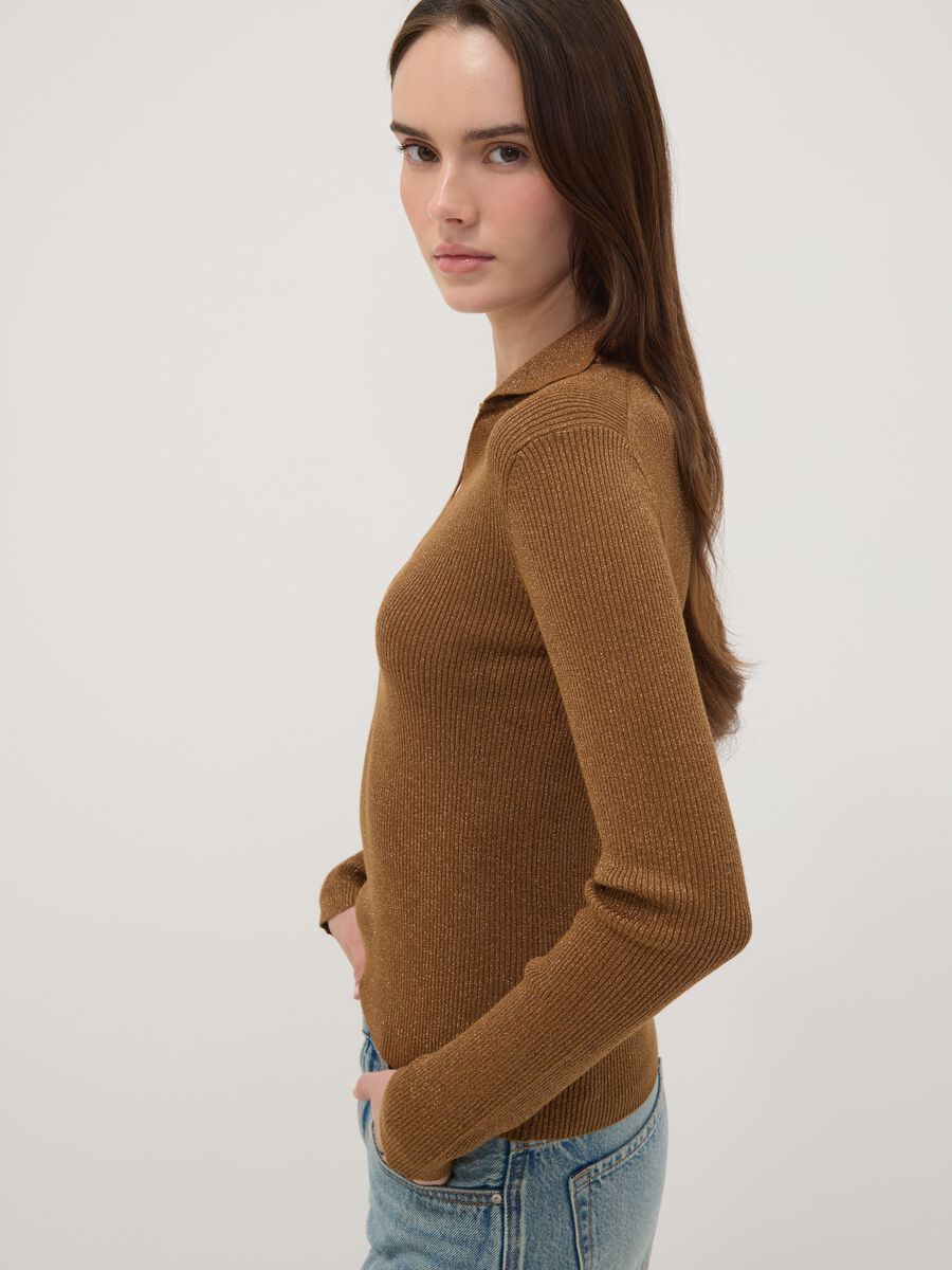 Brown ribbed viscose-blend polo-collar top_1