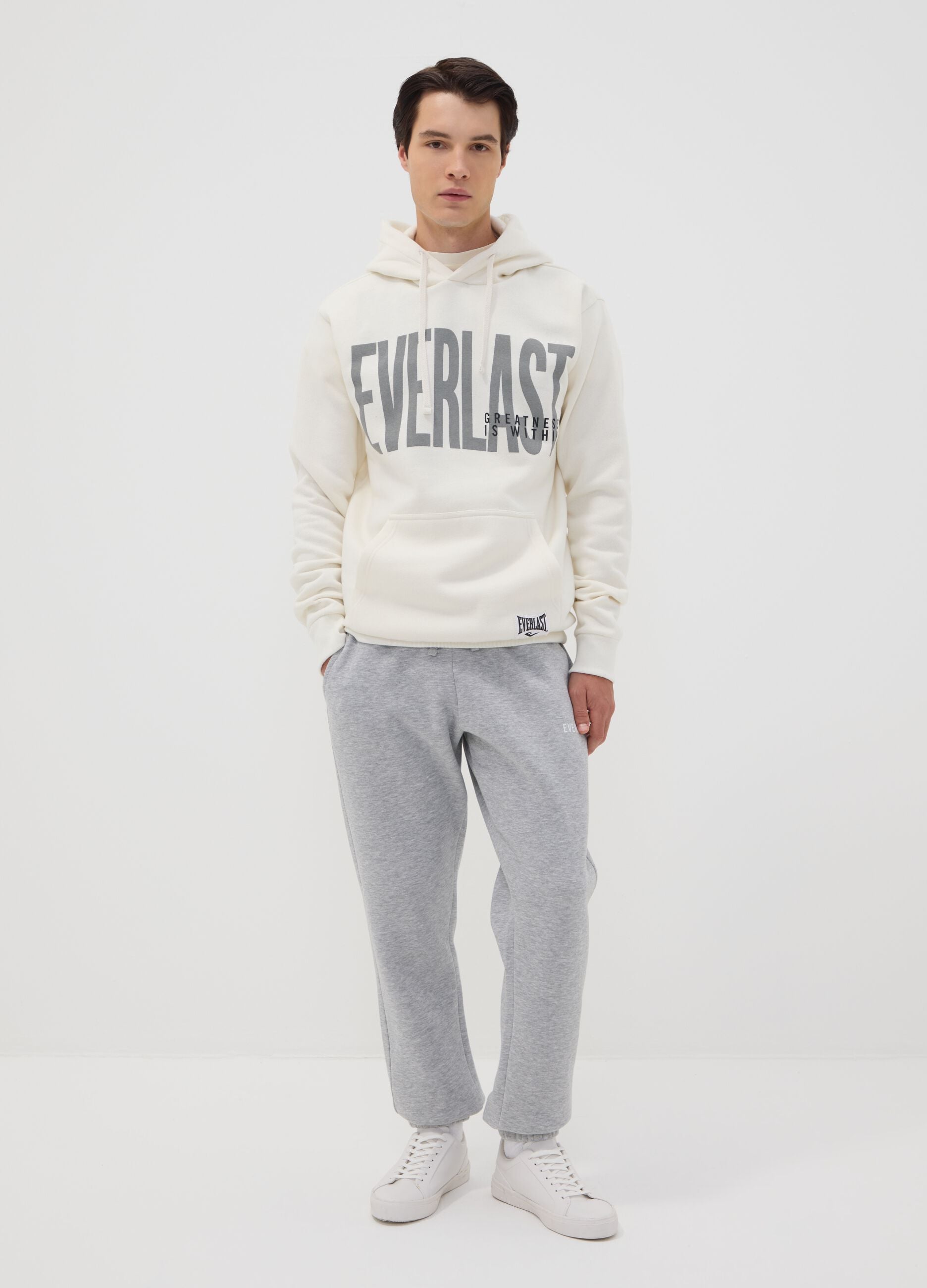 White cotton-blend hoodie with front print