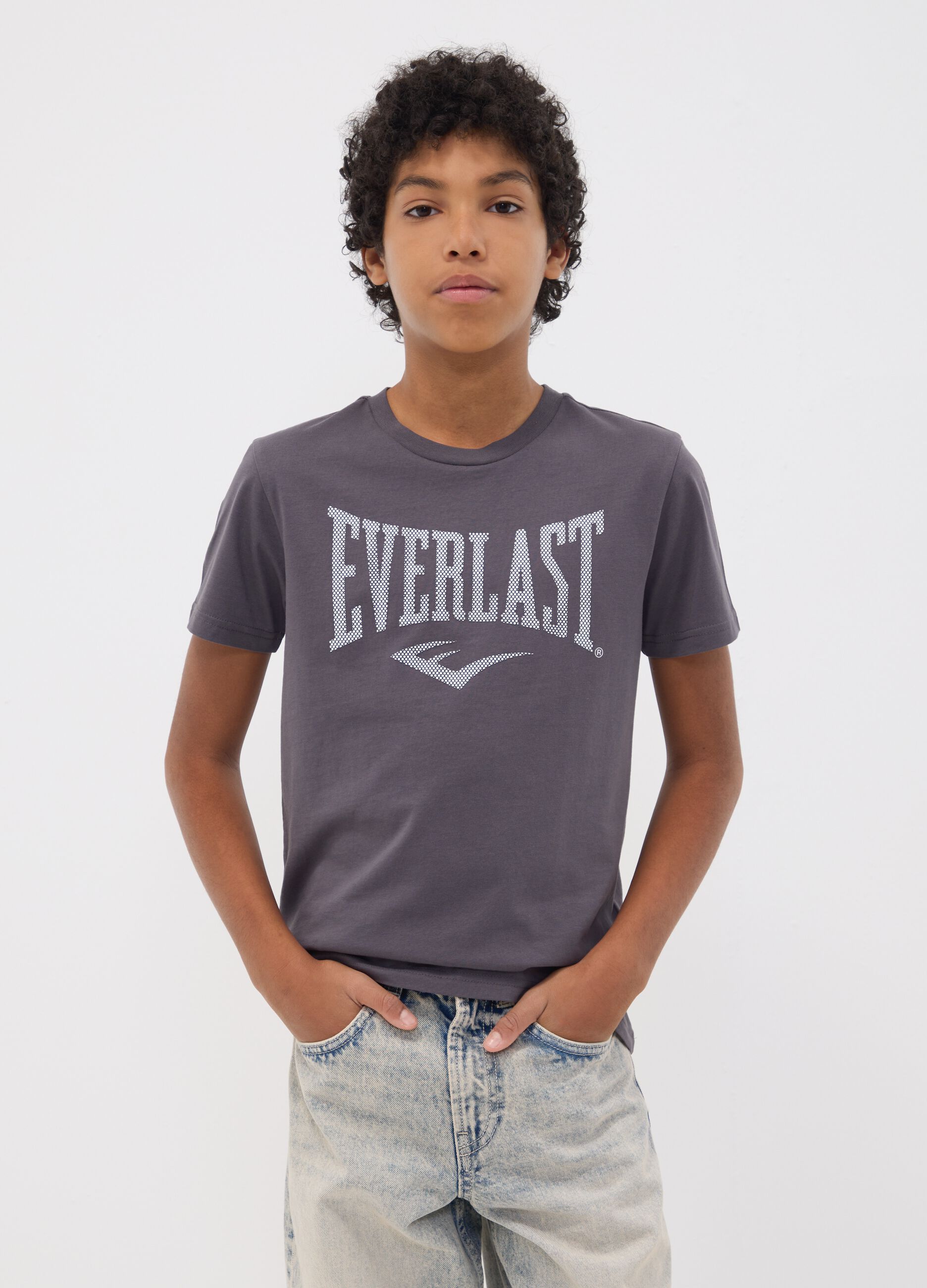 Grey pure cotton T-shirt with front print for boys