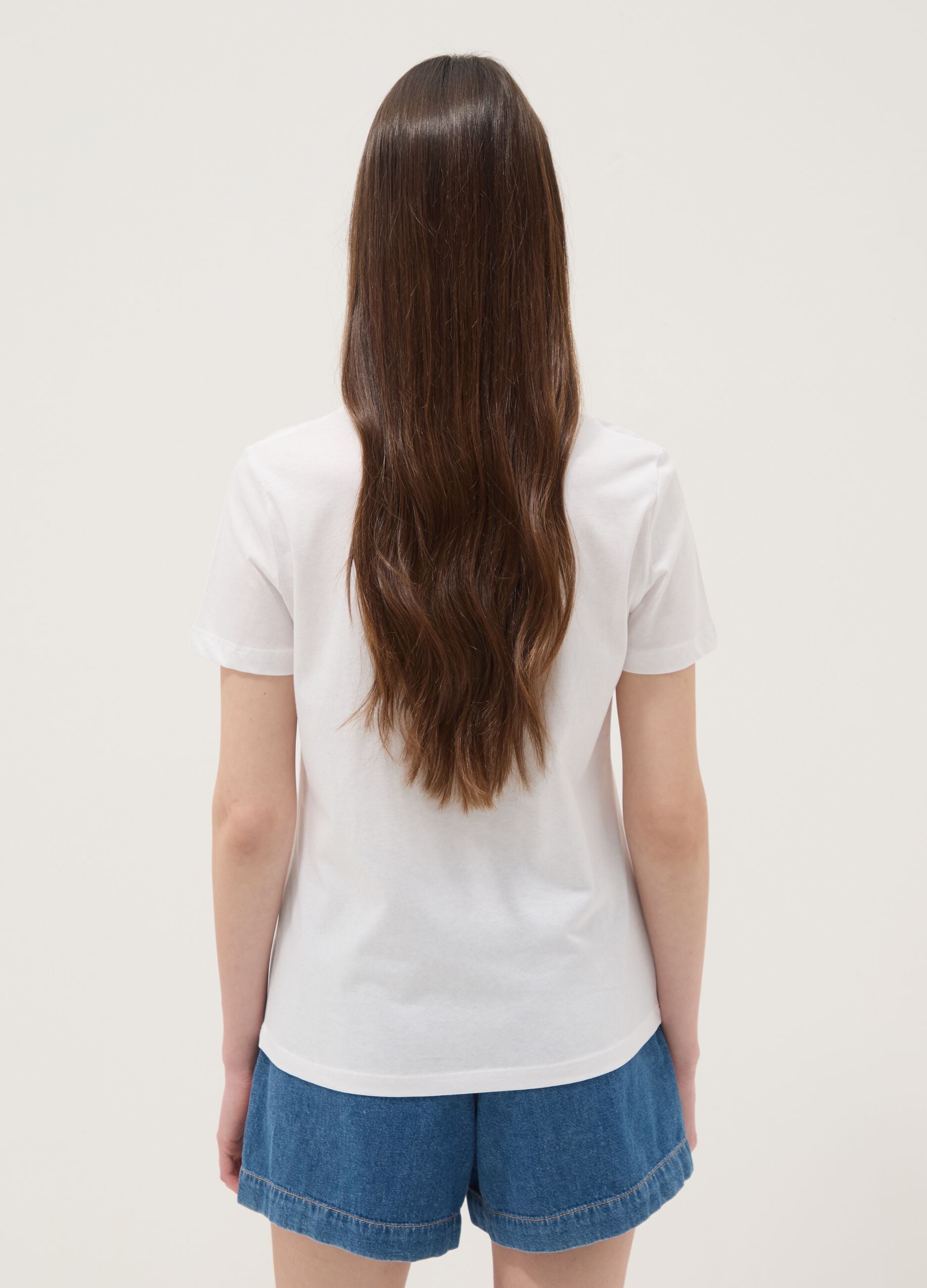 White pure cotton T-shirt with tropical print