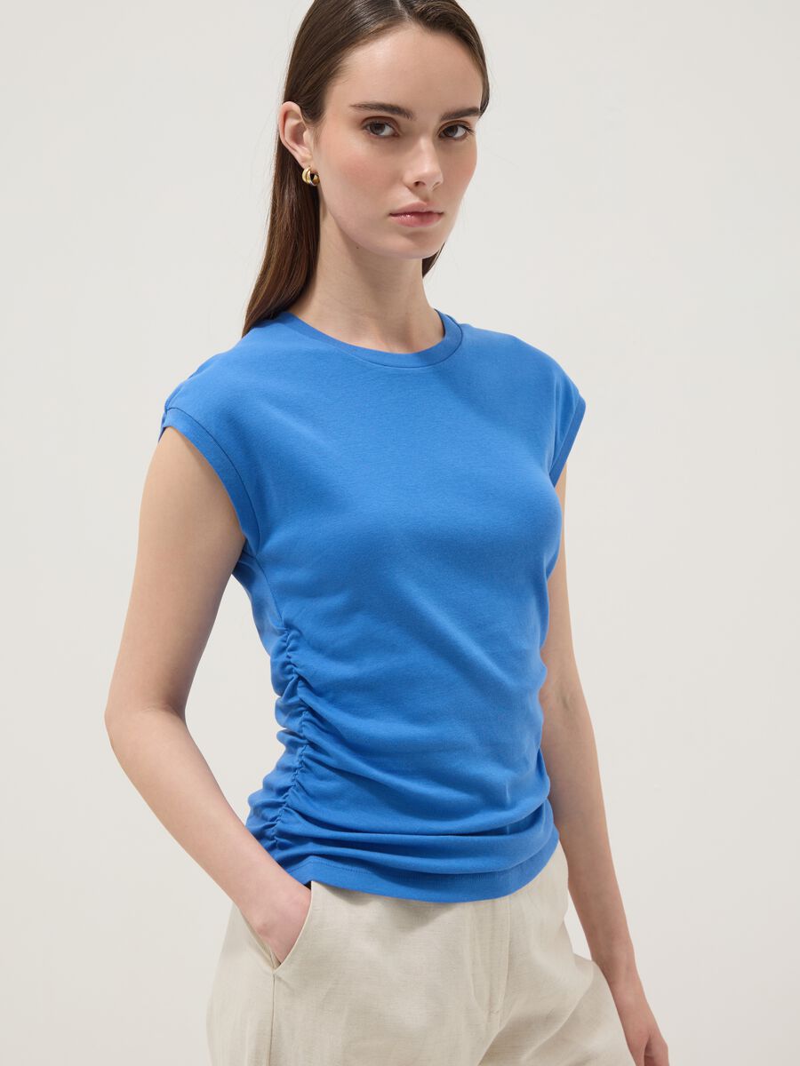 Blue pure cotton tank top with side ruching, regular fit_0