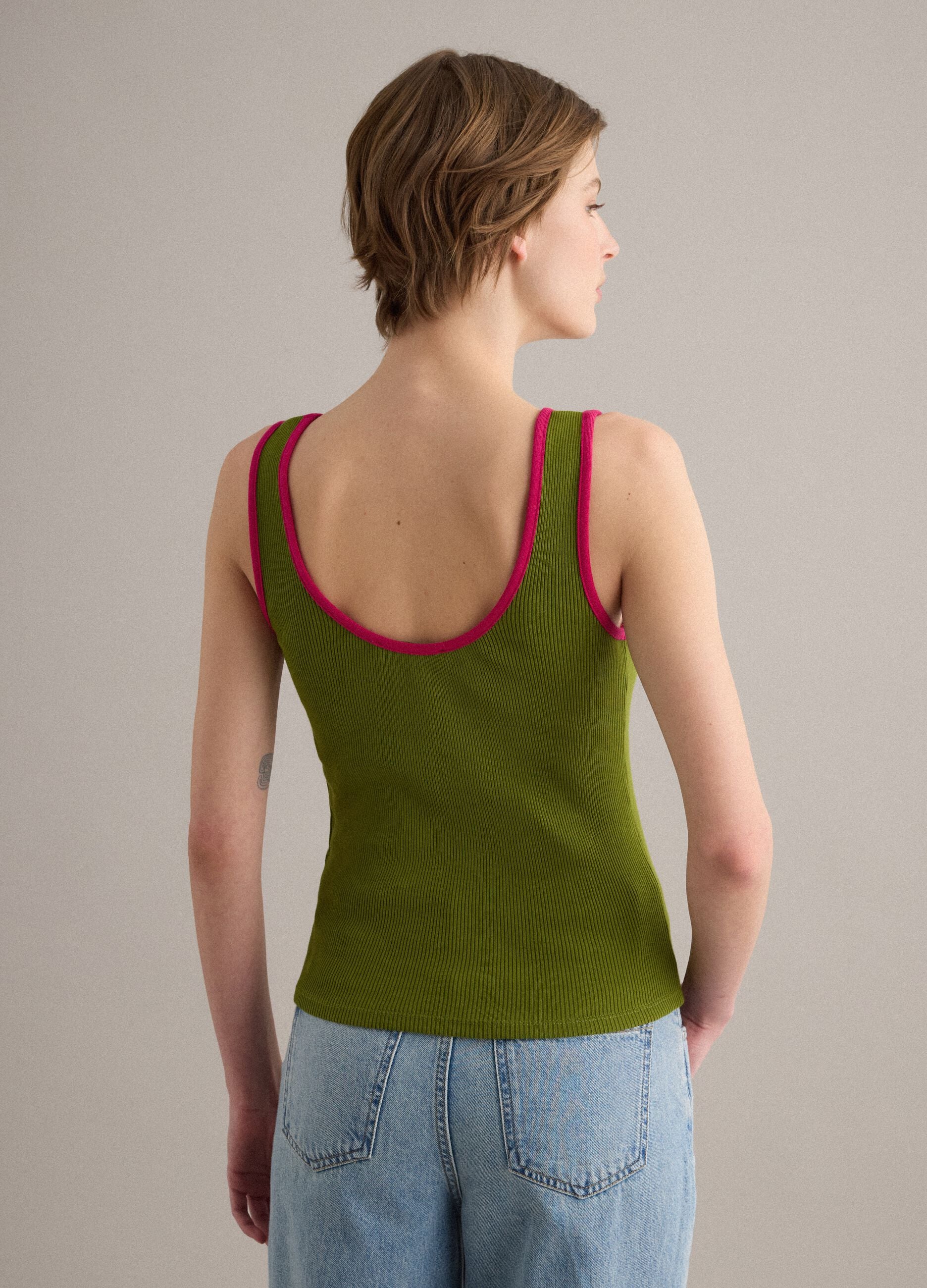 Green pure cotton ribbed tank top