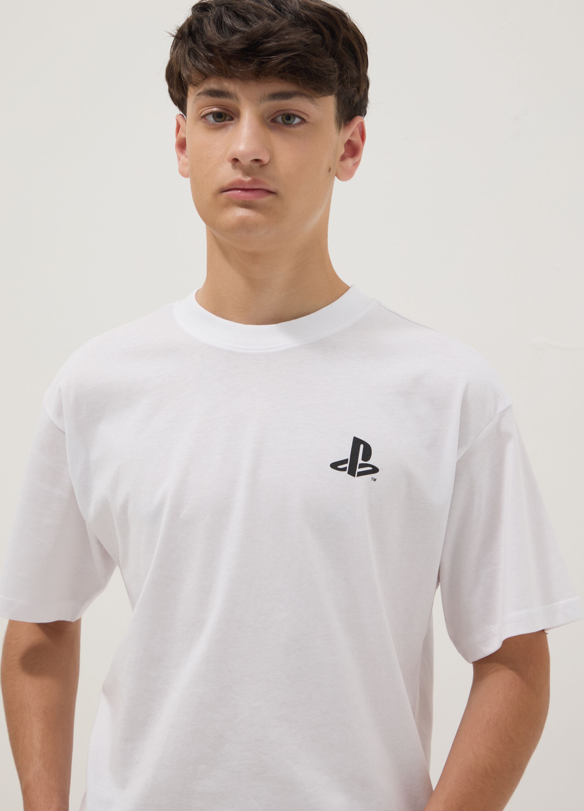 T-shirt bianca da ragazzo con logo Playstation in puro cotone relaxed fit