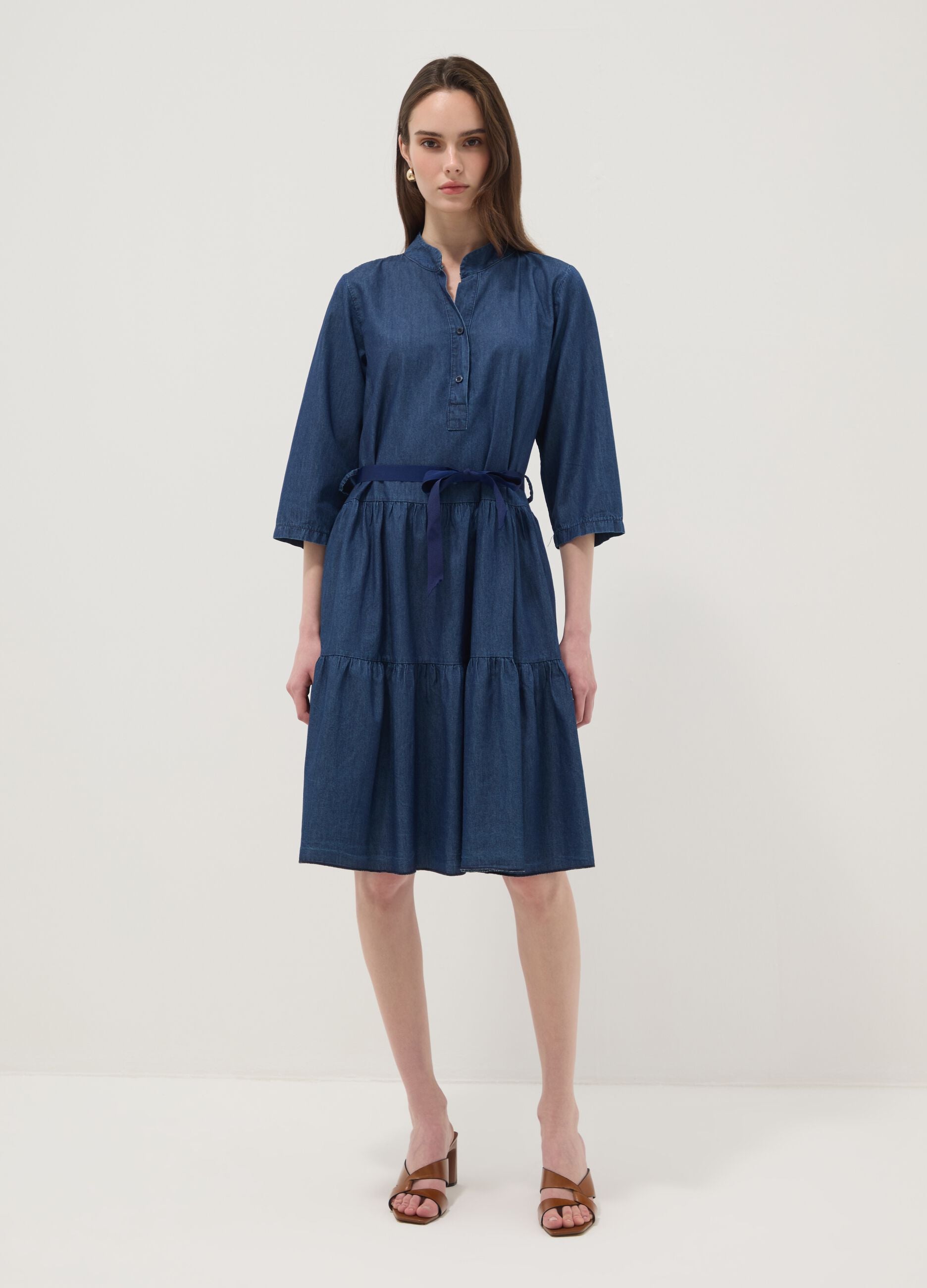 Blue stretch-cotton shirt dress with belt, regular fit