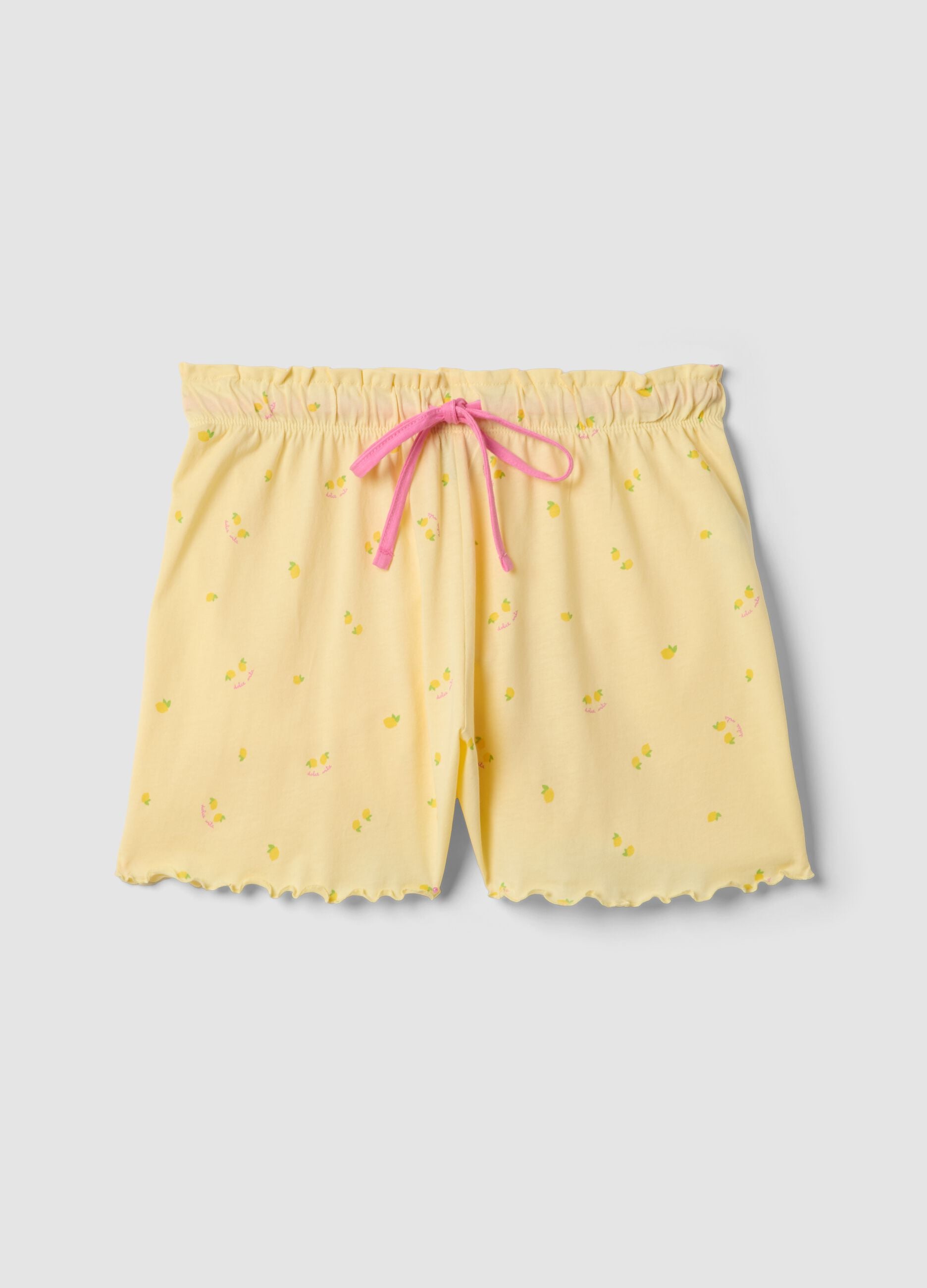 Yellow pure cotton pyjama shorts with lemon print and pink drawstring