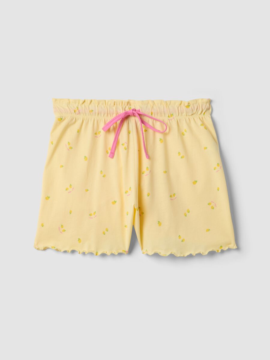 Yellow pure cotton pyjama shorts with lemon print and pink drawstring_4