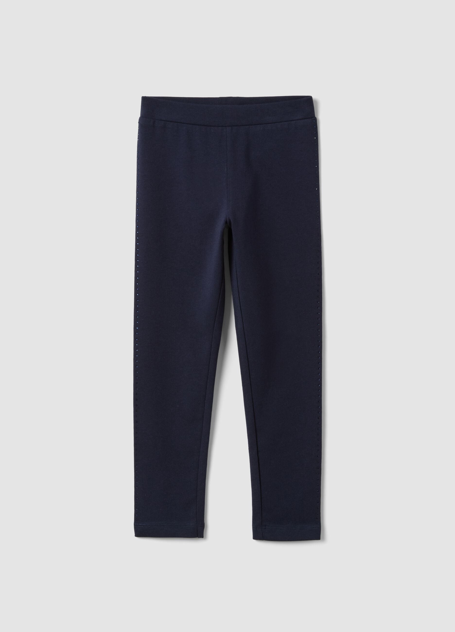 Blue stretch organic cotton leggings with rhinestones for girls