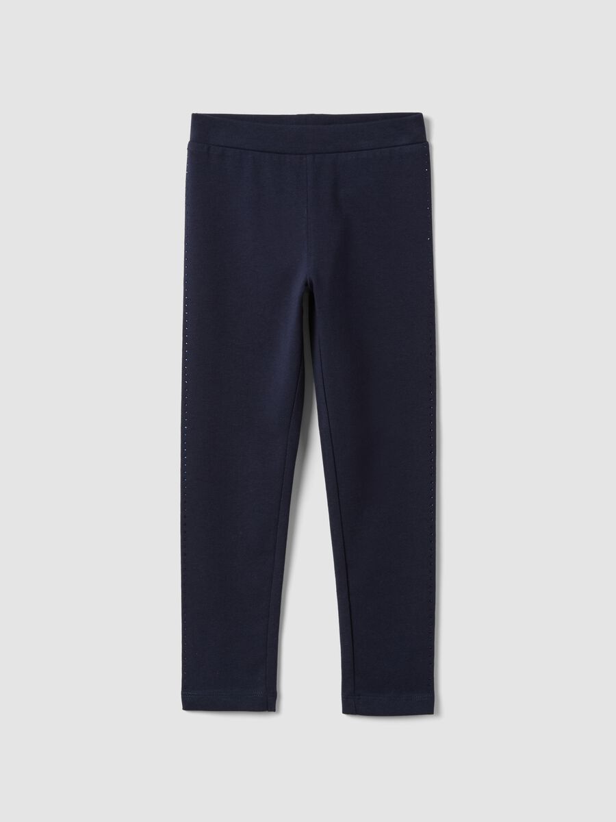 Blue stretch organic cotton leggings with rhinestones for girls_0
