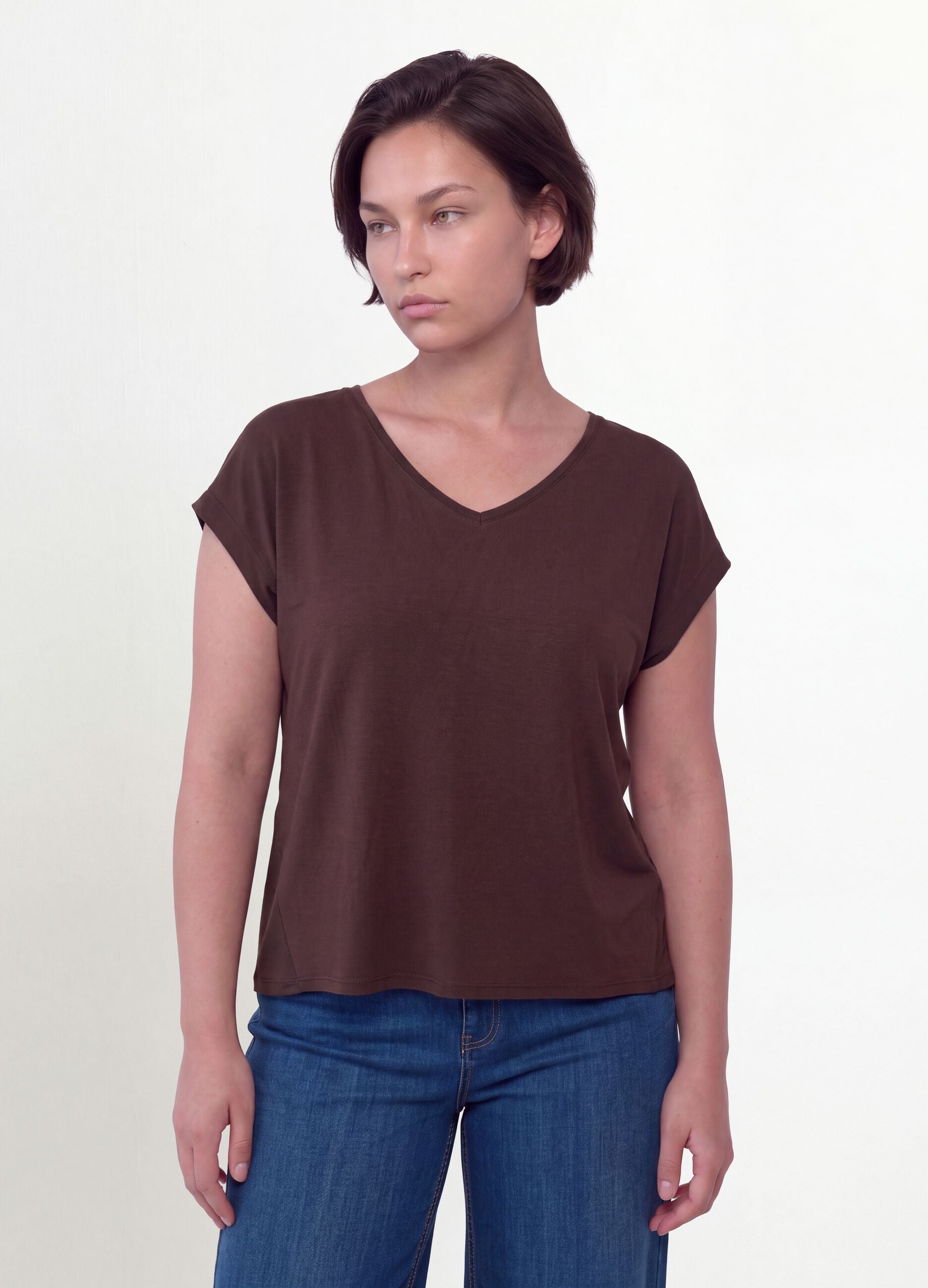 Brown pure viscose V-neck T-shirt, regular fit