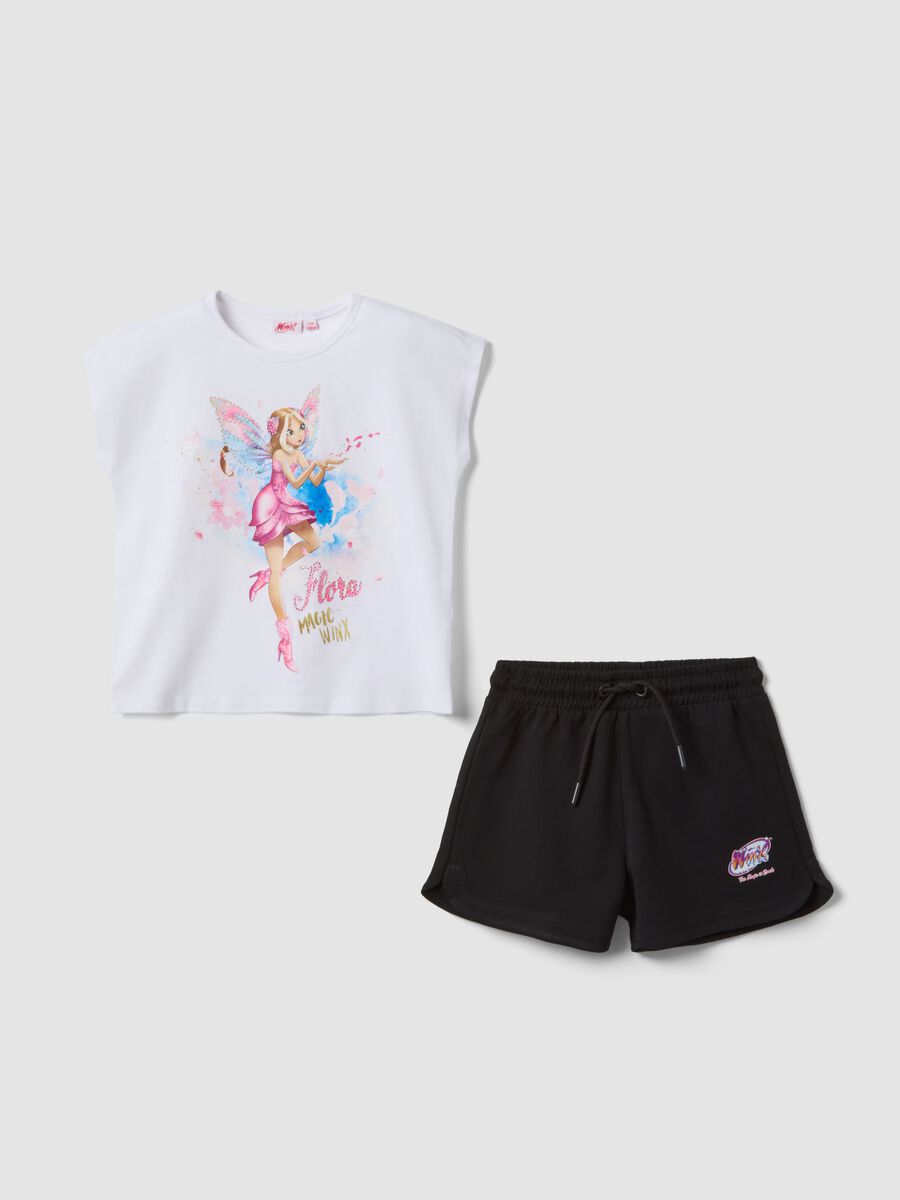 Completo bianco e nero in cotone elasticizzato con t-shirt e shorts per bambina regular fit_0