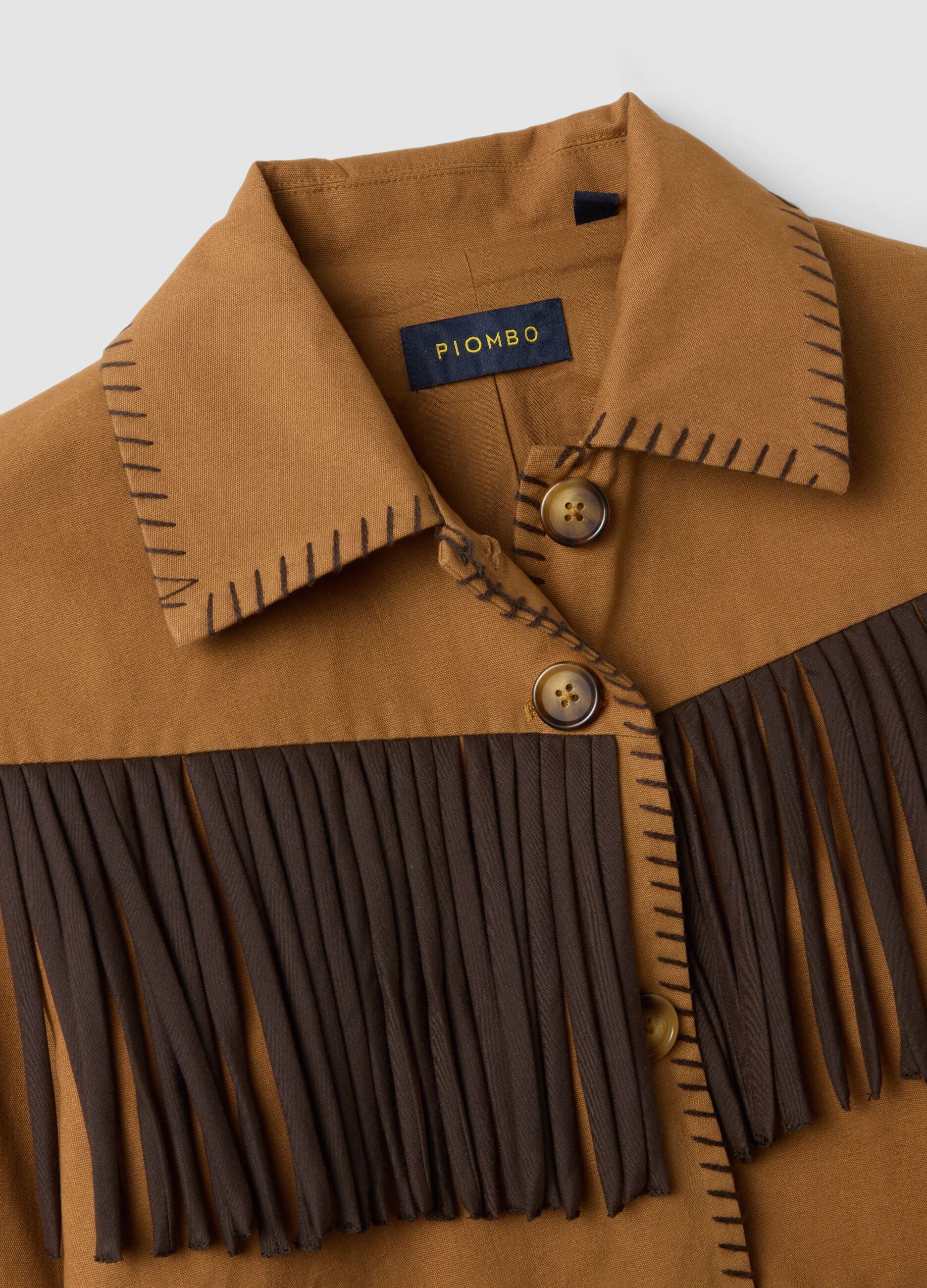 Brown pure cotton fringed shacket, regular fit