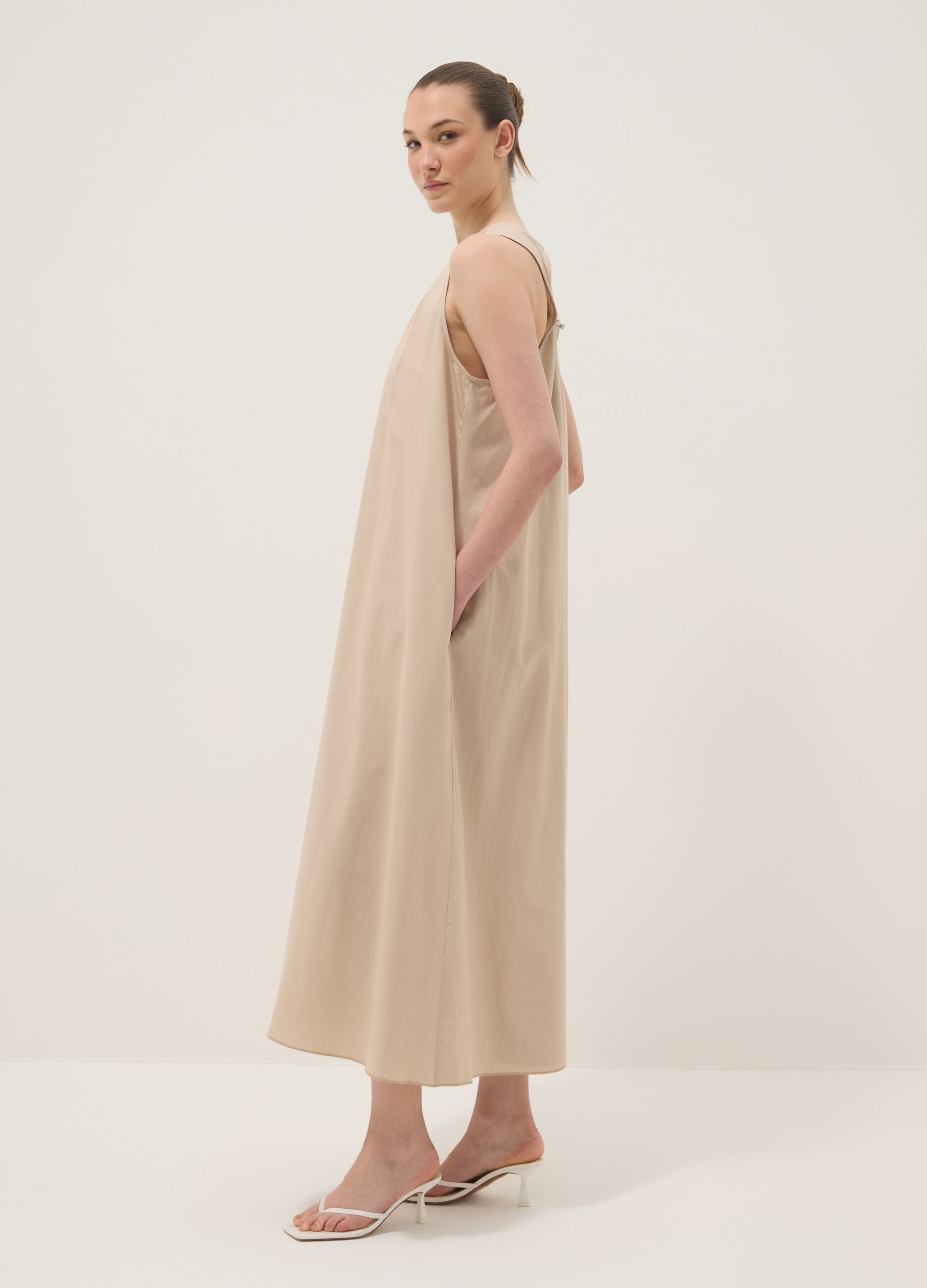 Beige midi dress in pure cotton with V-neck