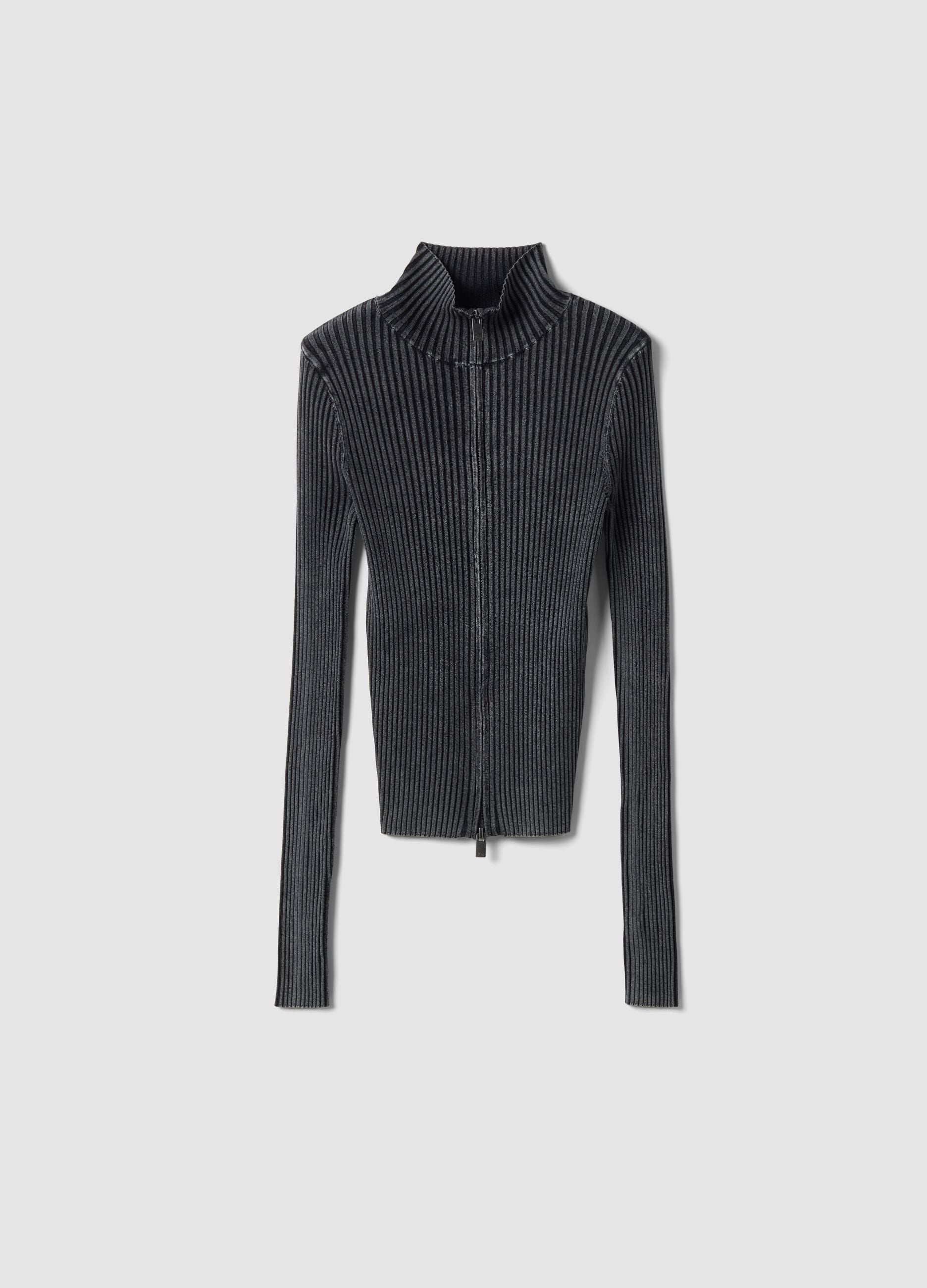 Full-Zip Ribbed Knit Vintage Grey
