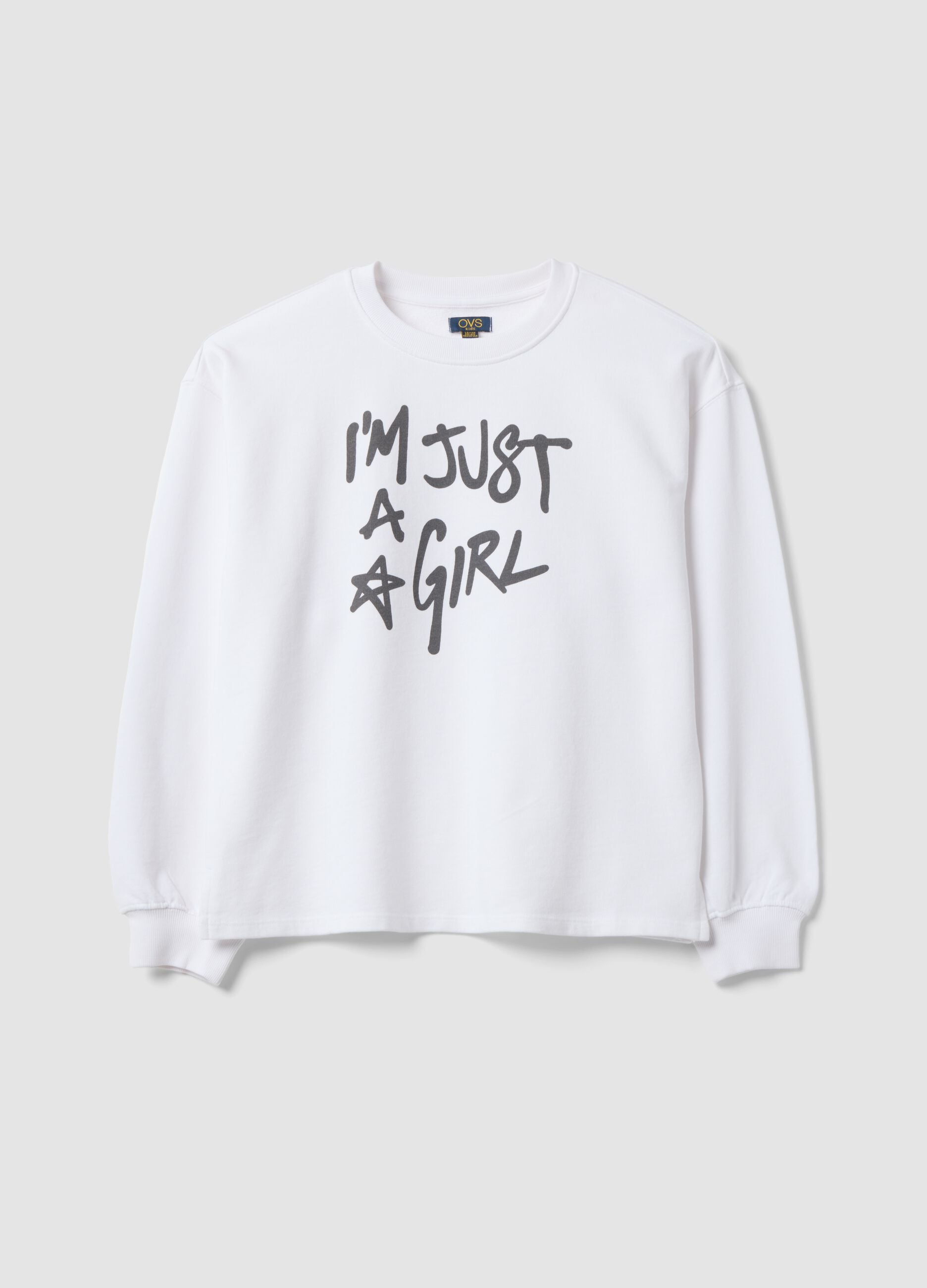 White pure cotton sweatshirt with front slogan, relaxed fit for girls