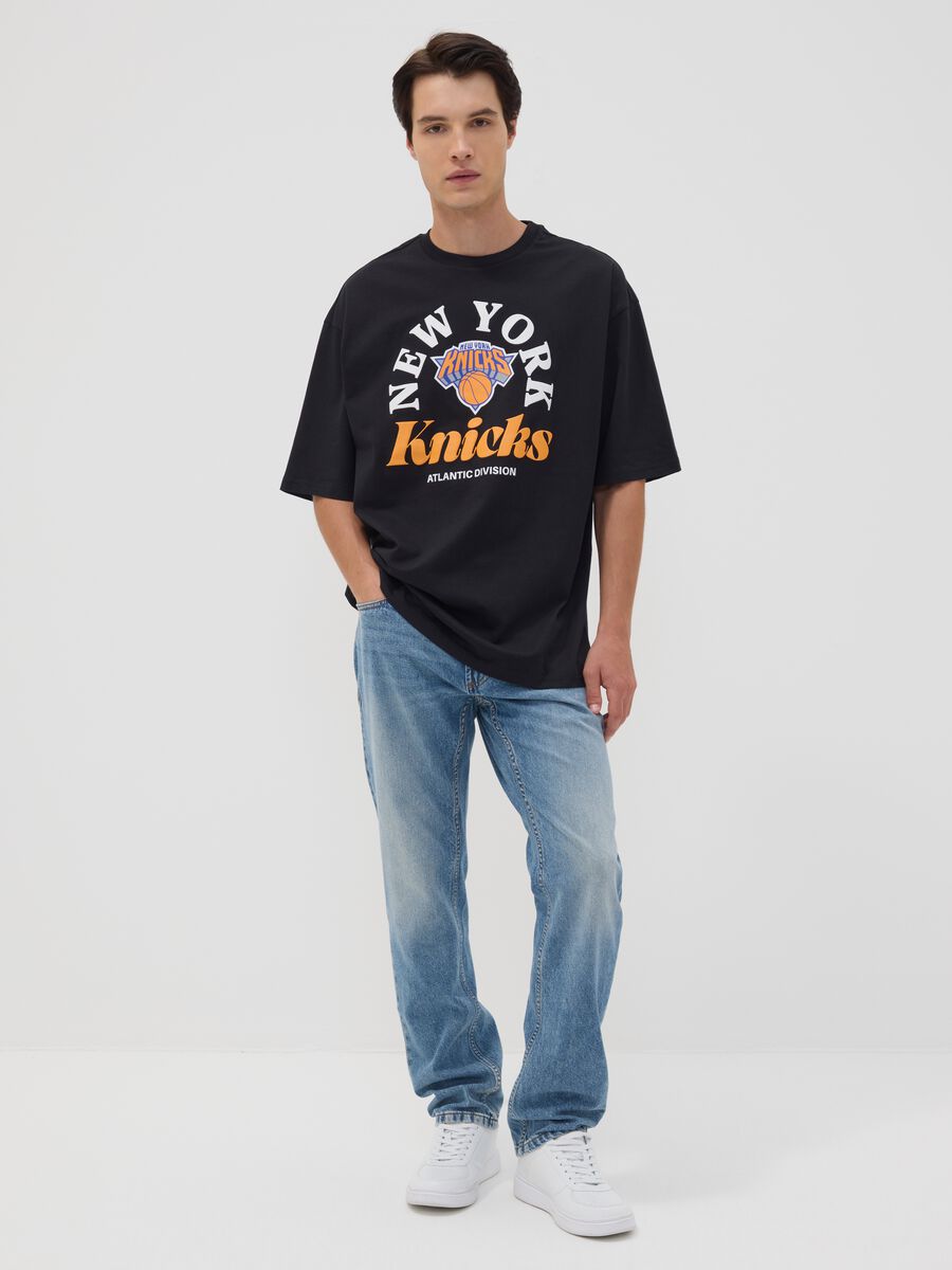 Black pure cotton T-shirt with New York Knicks print_1