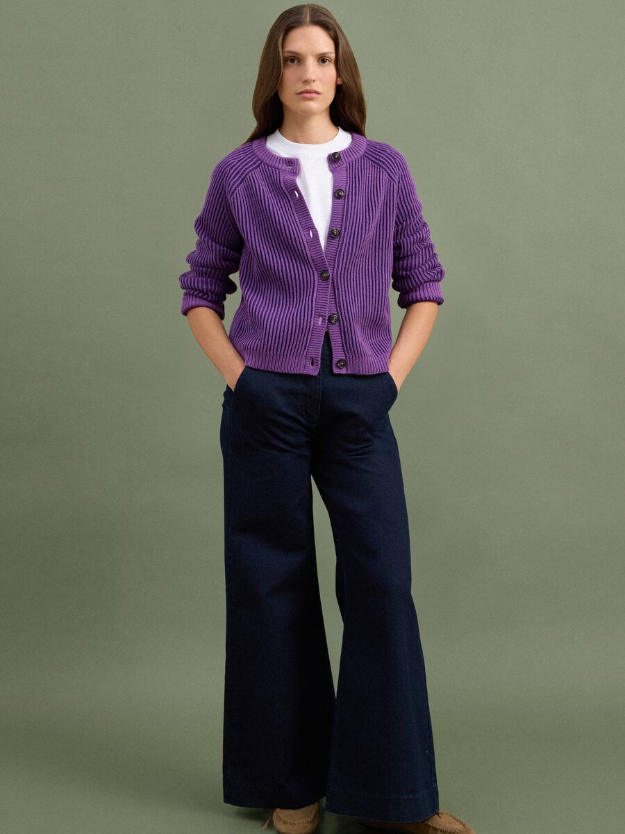 Purple pure cotton ribbed crew-neck cardigan_1