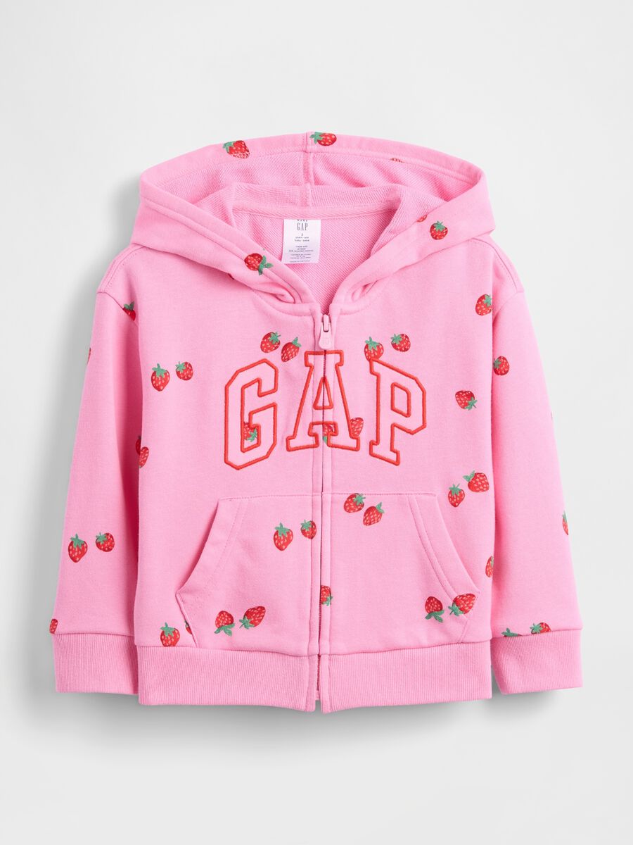 Felpa con logo GAP, stampa fragole, cappuccio e full zip in misto cotone_0