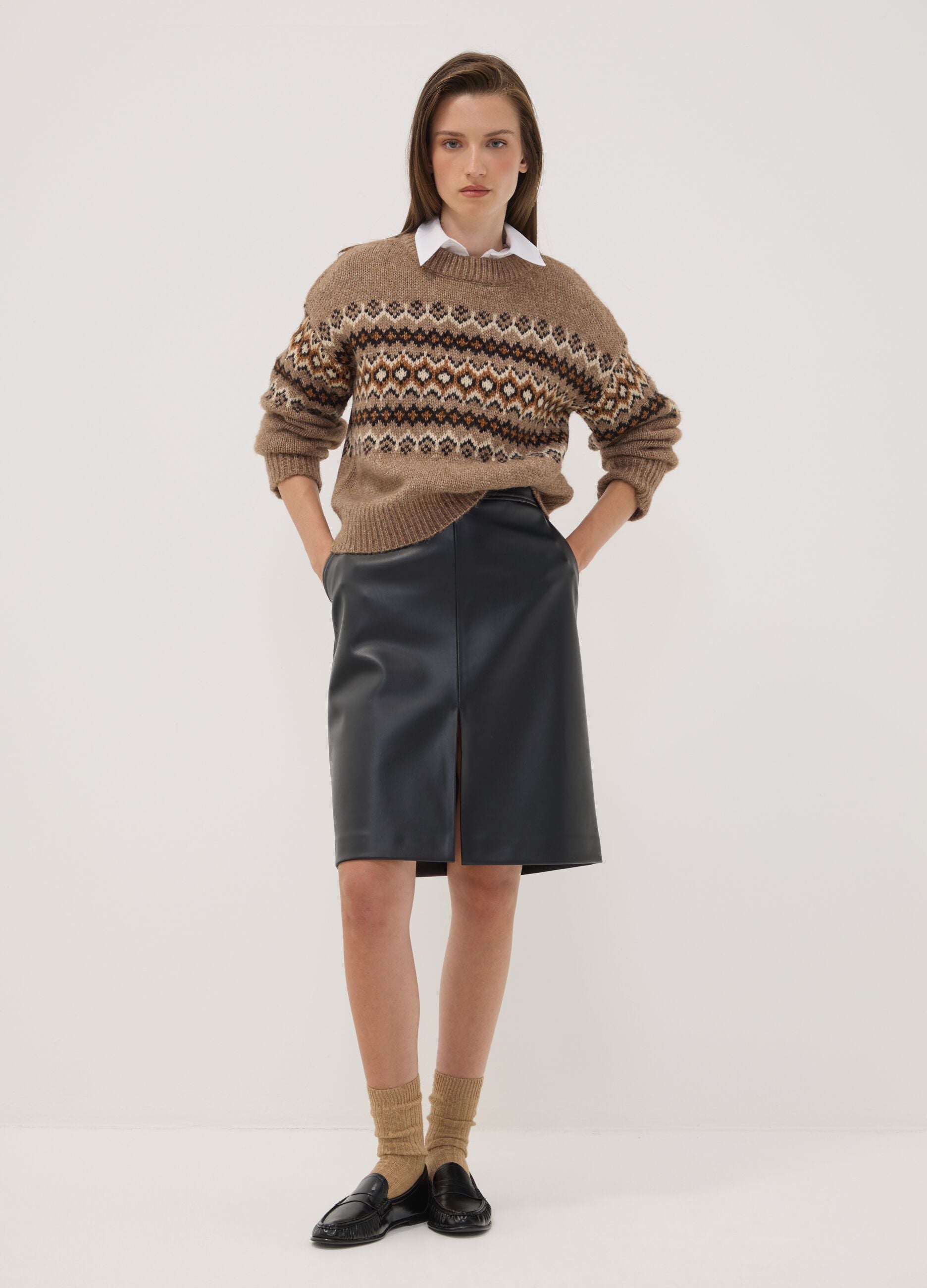 Brown jacquard jumper with high neck