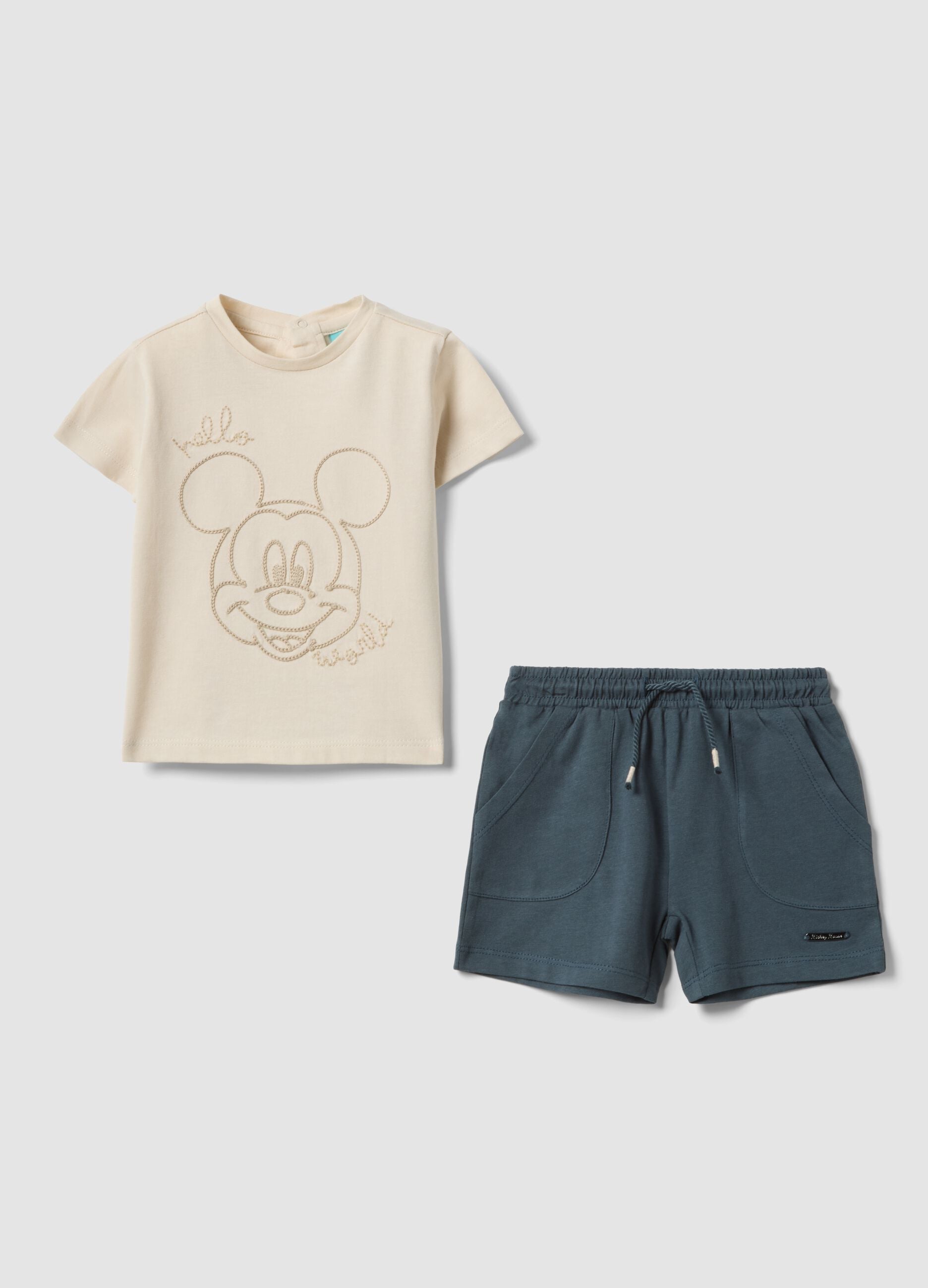 Beige pure cotton Mickey Mouse print T-shirt set for babies