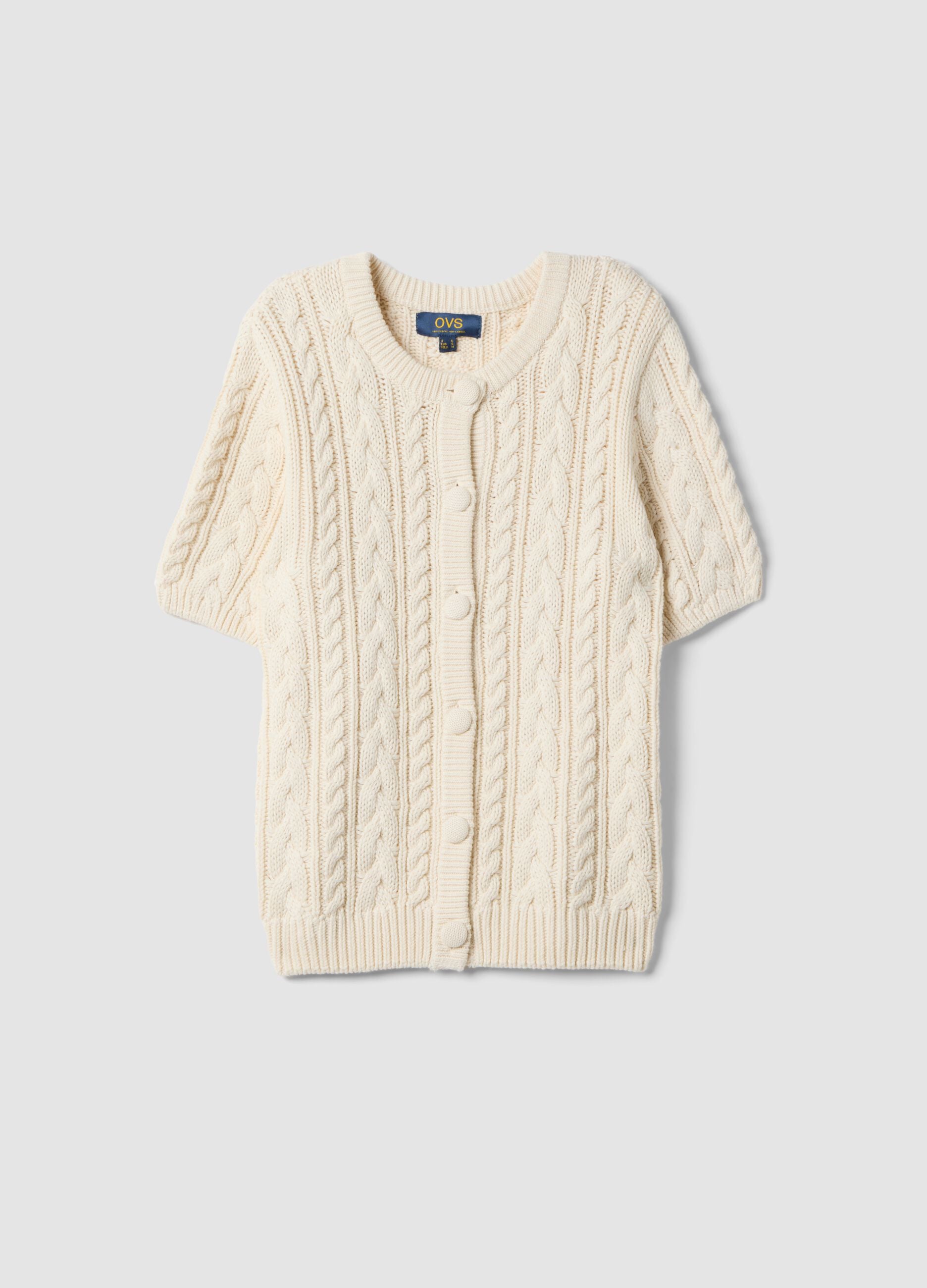 Beige pure cotton cable-knit cardigan, regular fit