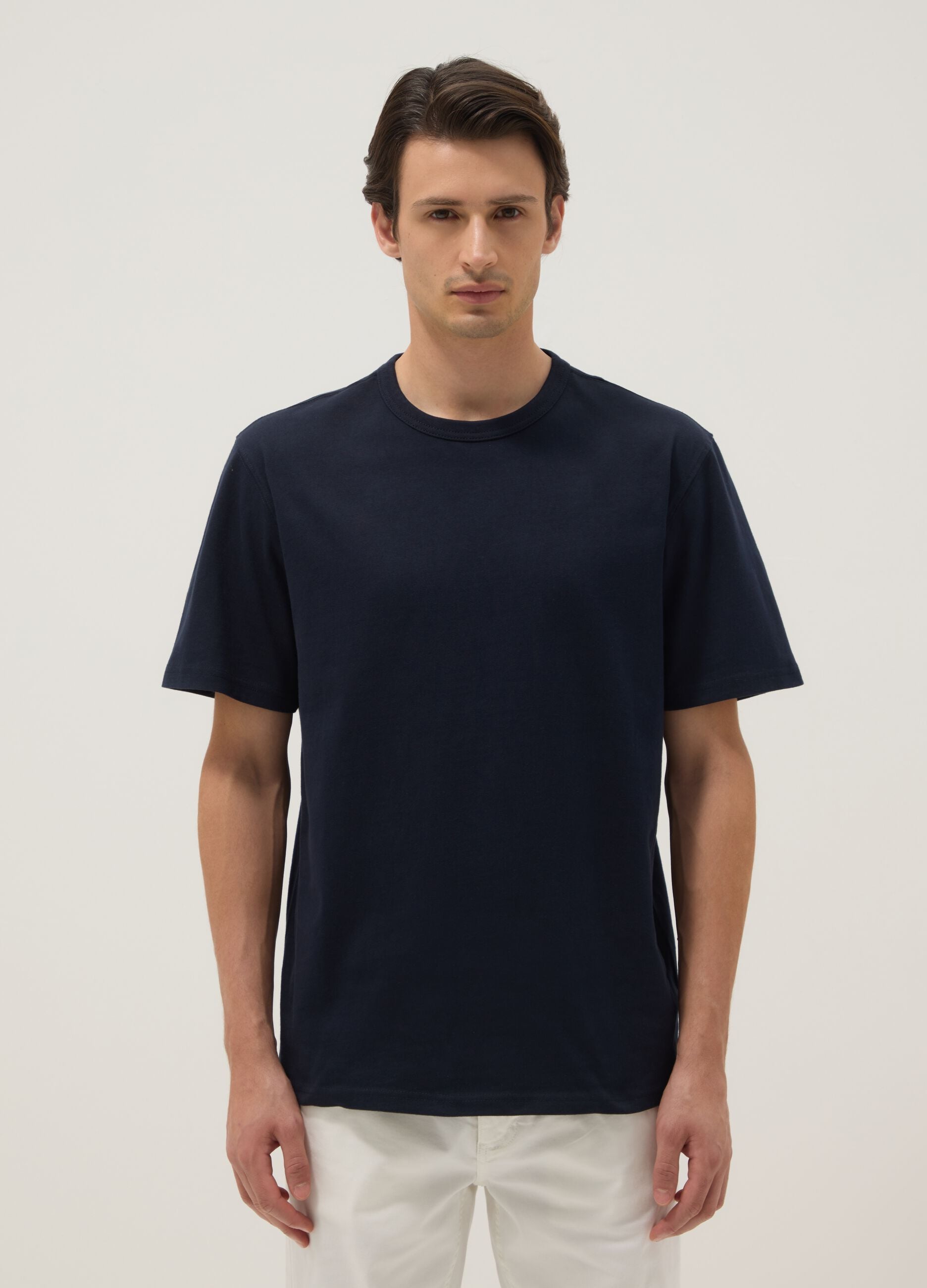 Relaxed fit blue crew neck pure cotton T-shirt