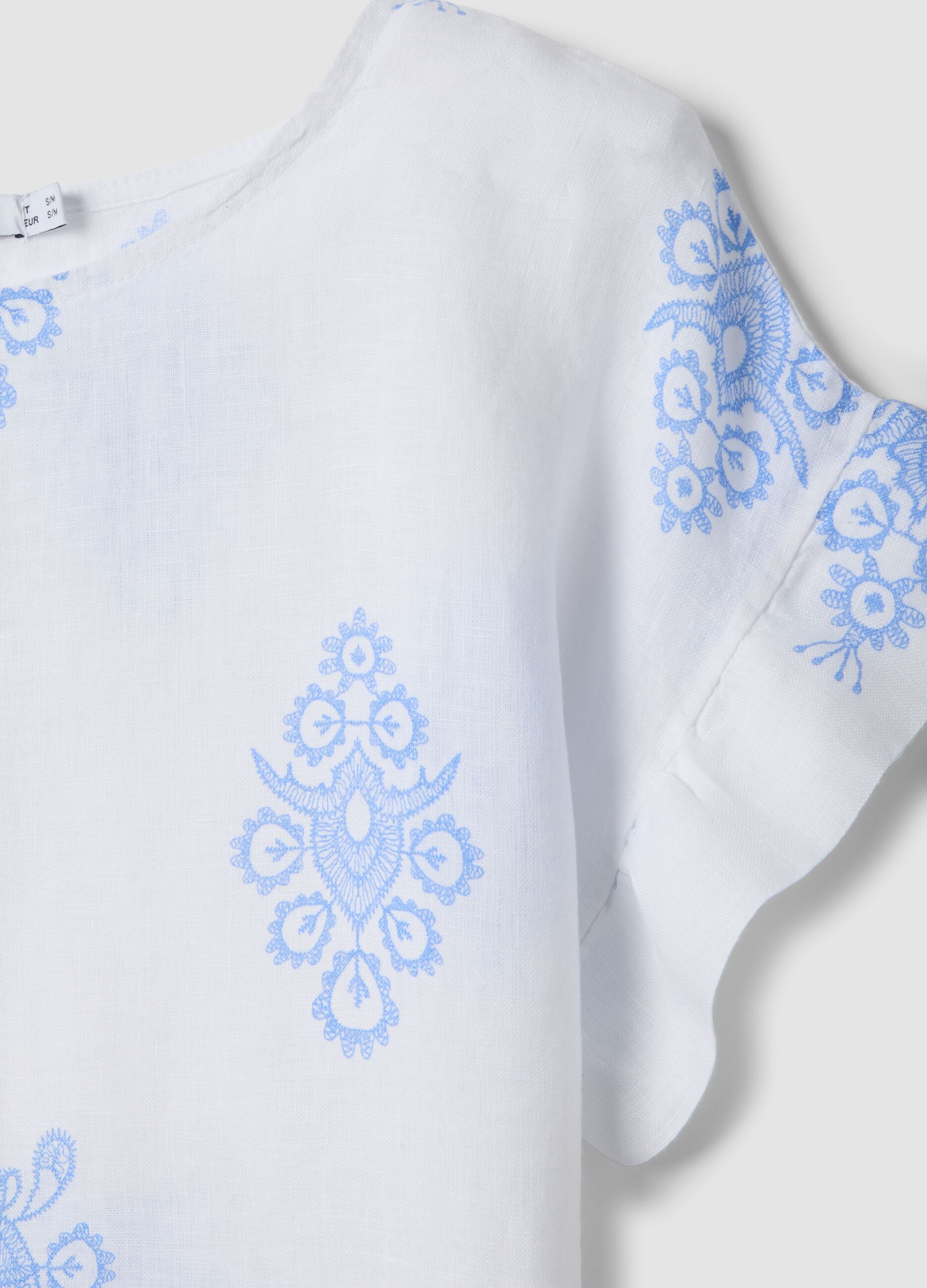 White pure linen blouse with embroidery and ruffle sleeves, regular fit
