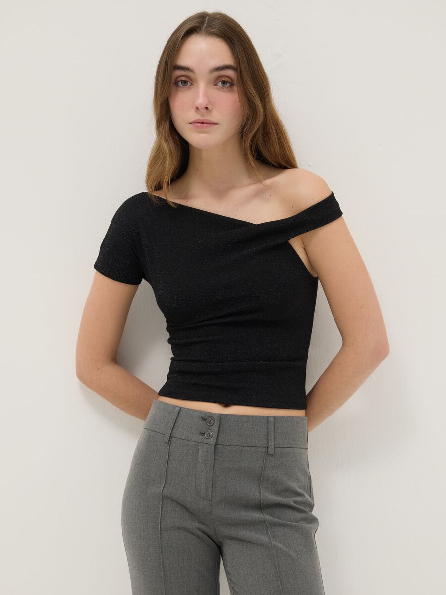 Black viscose blend slim fit T-shirt with Madonna neckline_0