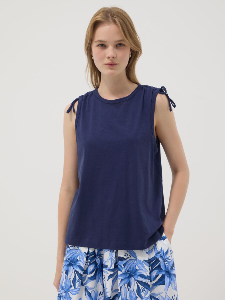 Blue pure cotton tank top with shoulder ties_0
