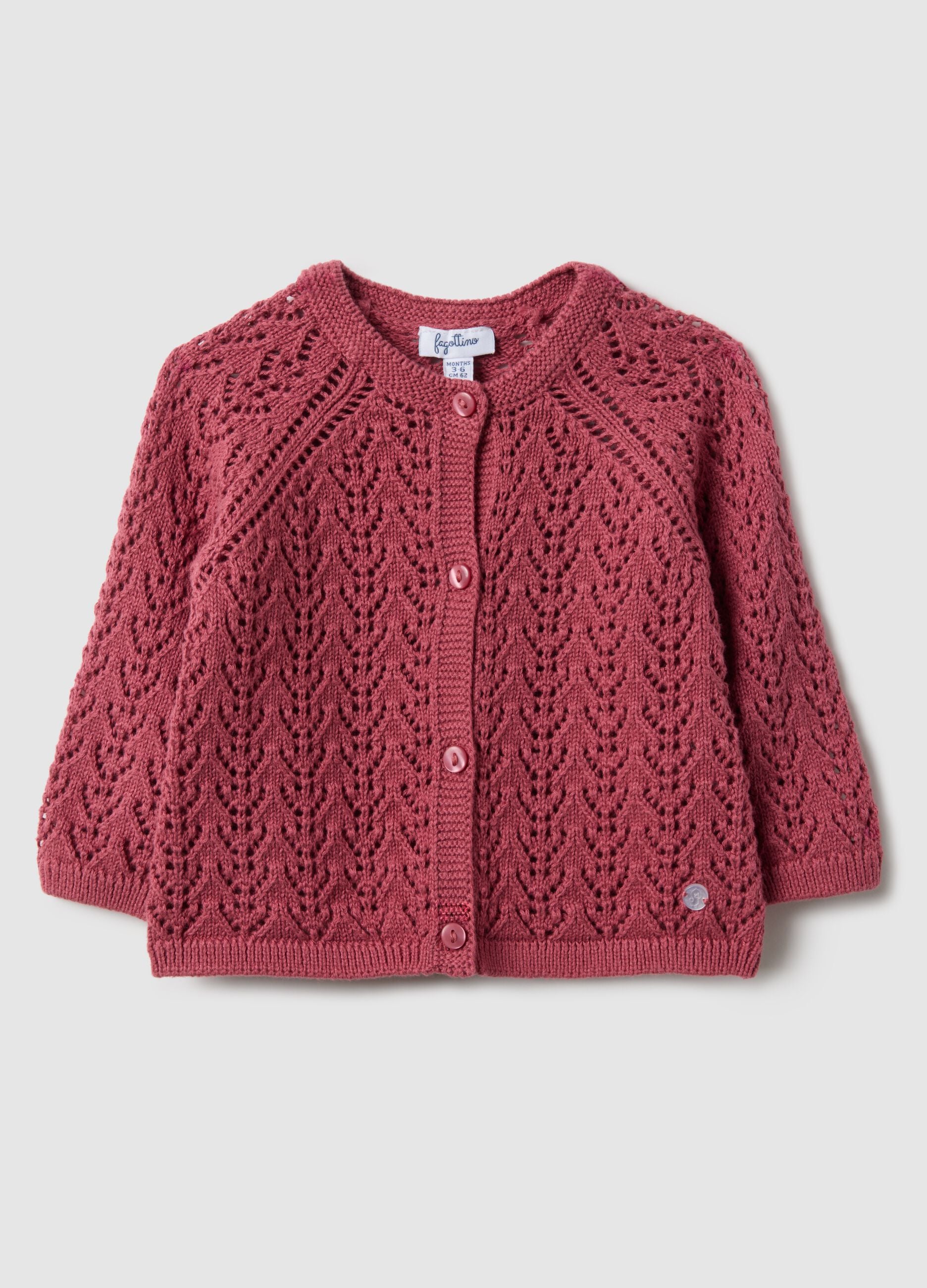 Newborn girl's regular fit pink pure cotton cardigan with perforated design