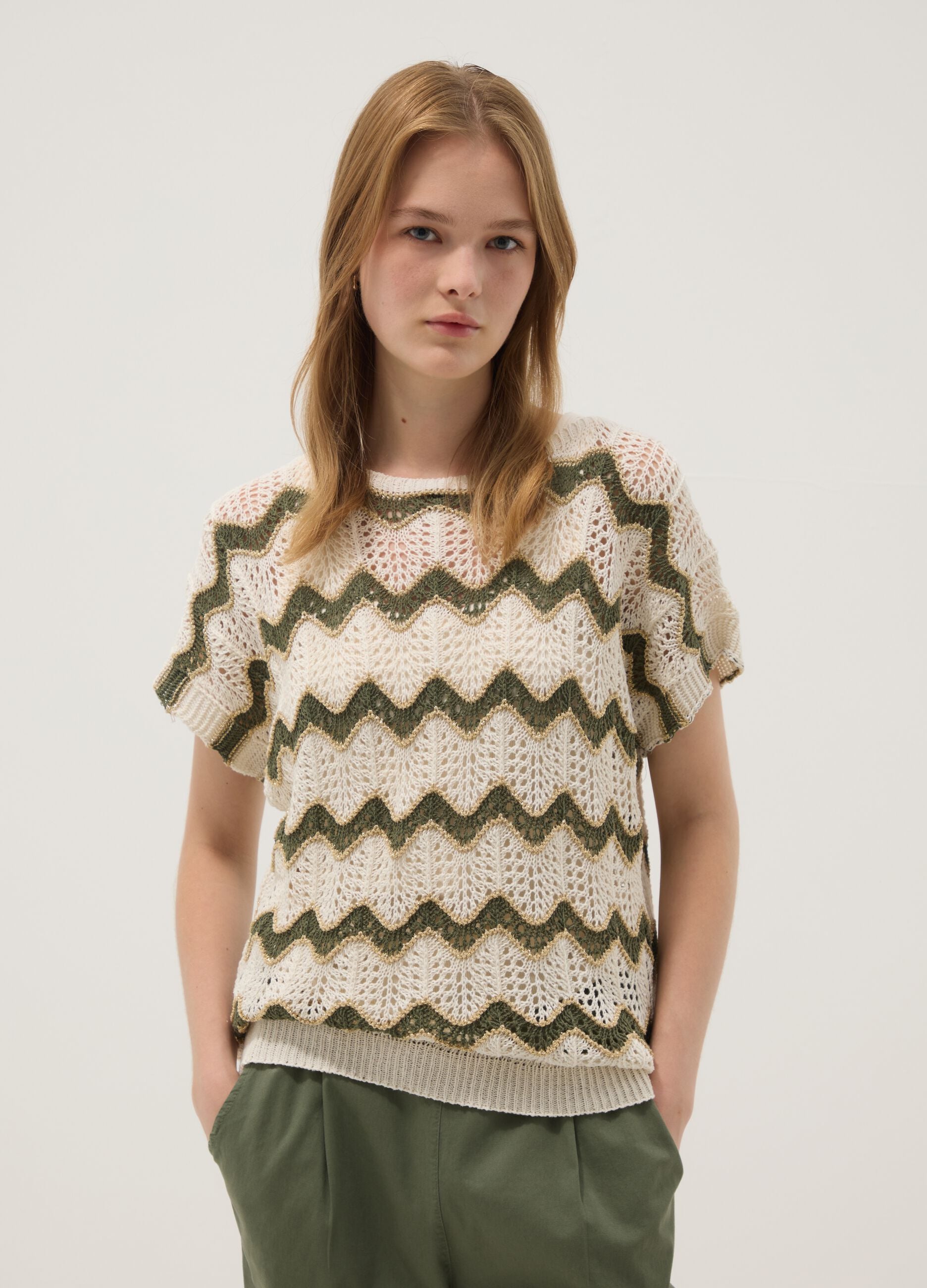 Beige open-knit striped top with green detailing in stretch cotton, regular fit