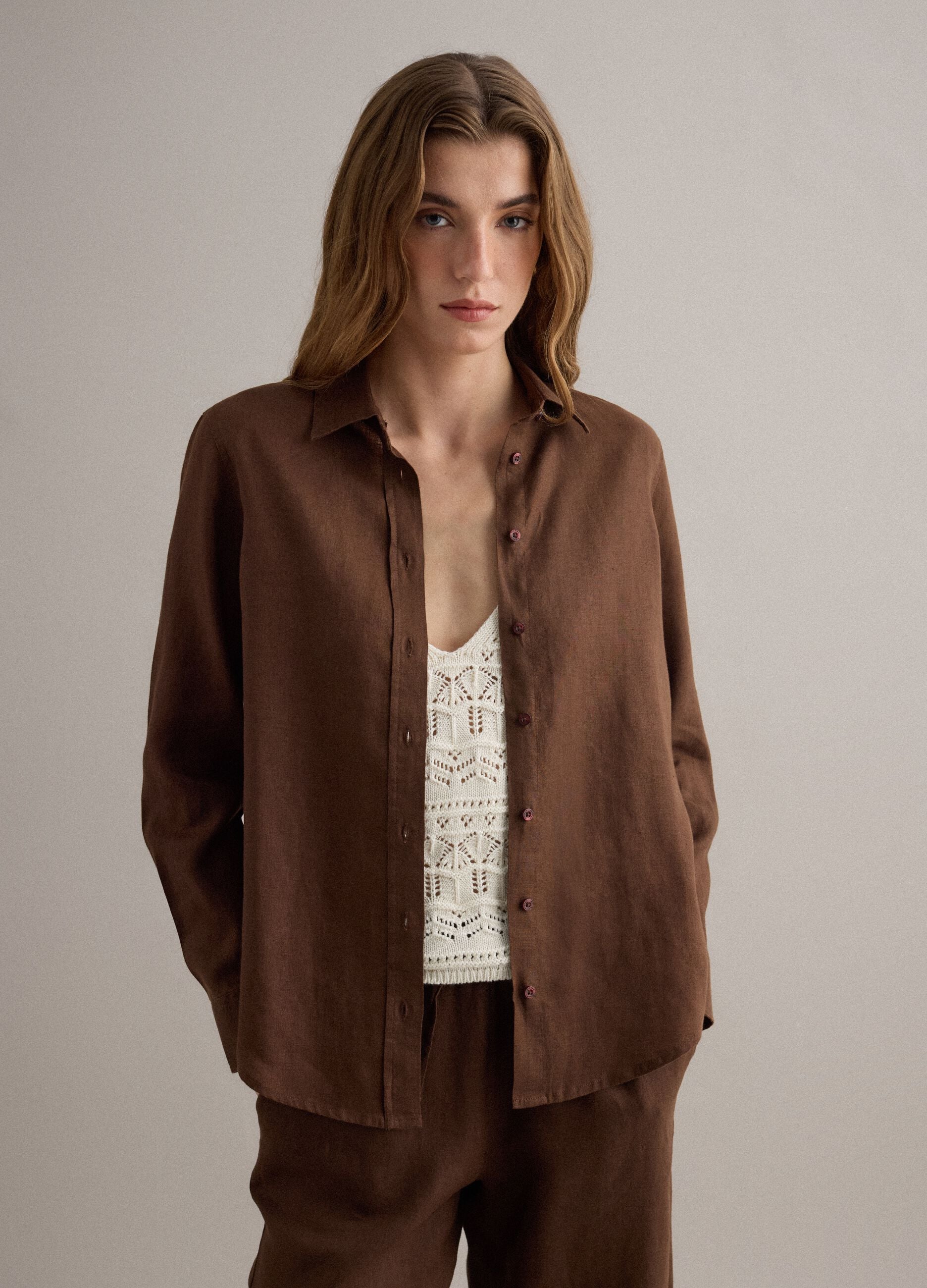 Brown pure linen regular fit shirt