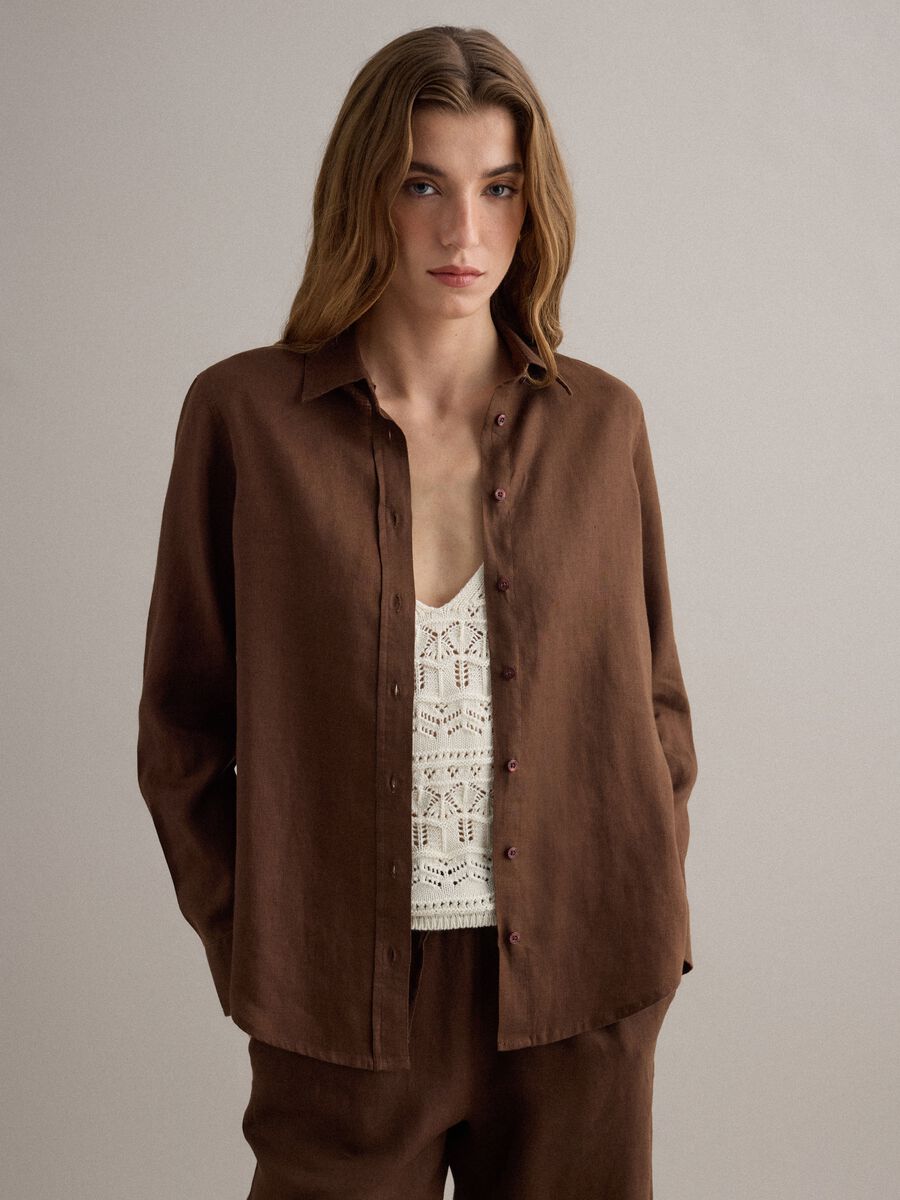 Brown pure linen regular fit shirt_1