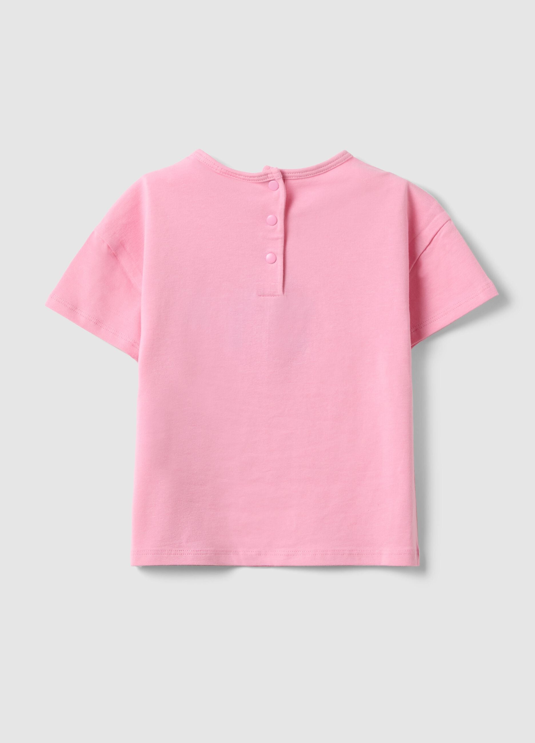 Pink stretchy cotton girl's T-shirt with rainbow embroidery