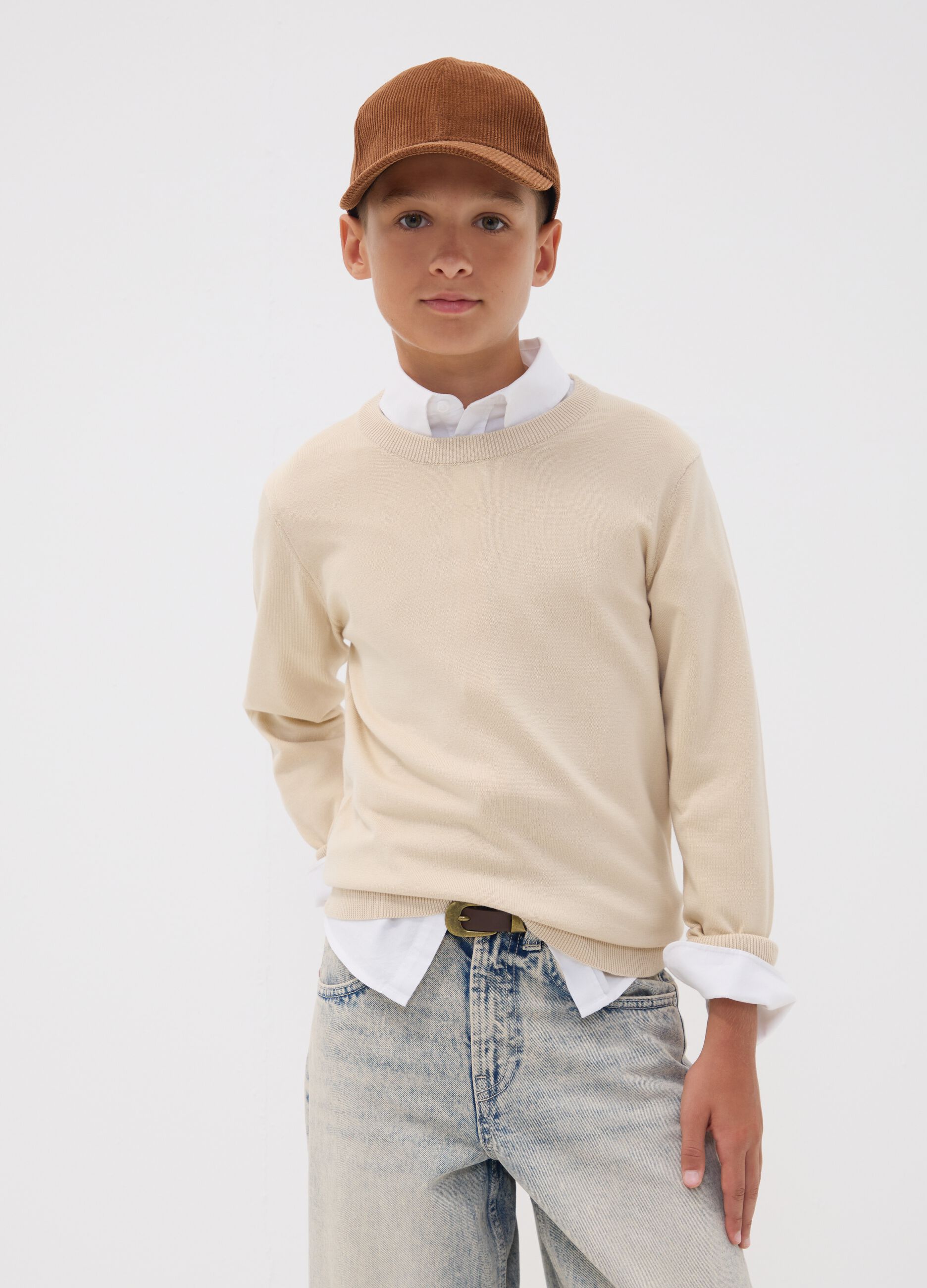 Maglia beige in puro cotone a maniche lunghe regular fit per ragazzo