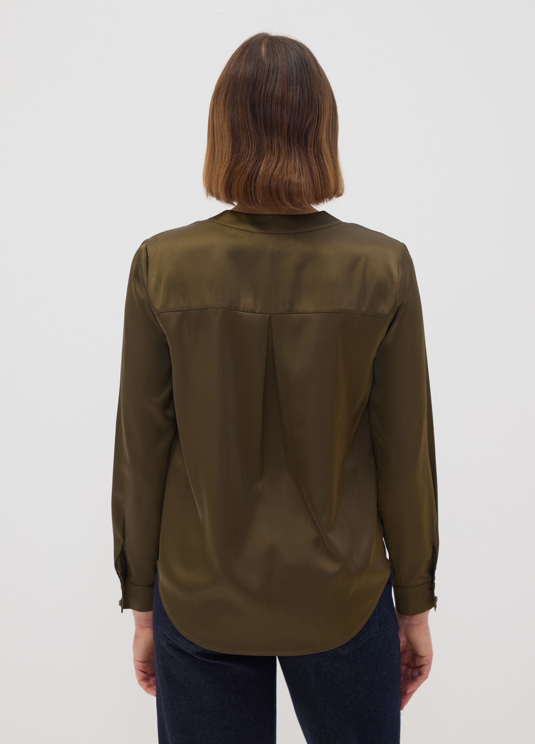 Green stretch shirt with Mandarin collar