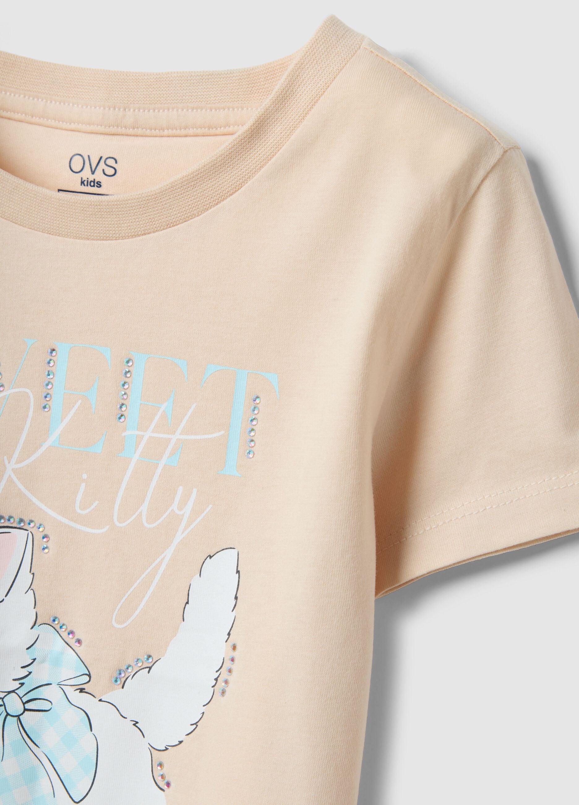 Beige regular fit pure cotton T-shirt with print for girls
