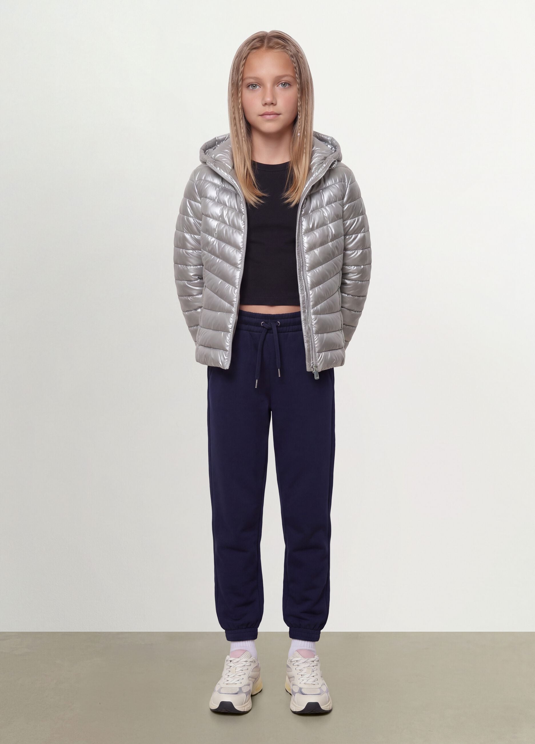 Grey Ultralight Padded Hooded Zip Jacket for Girls