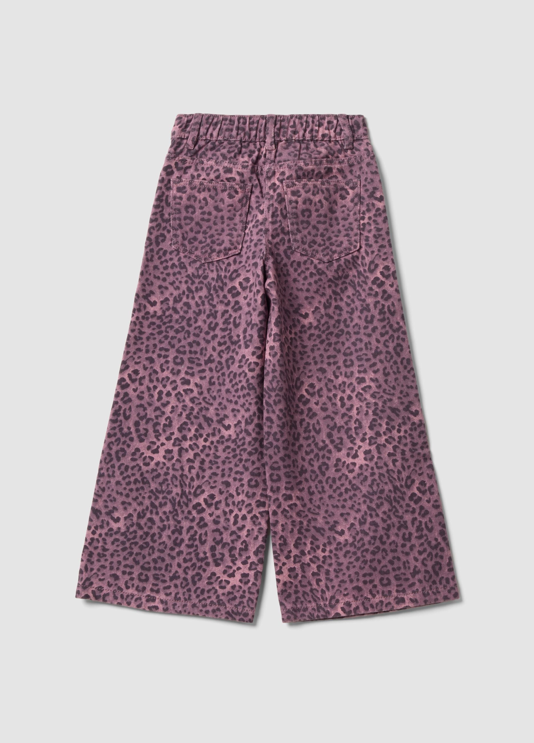 Purple wide-leg pure cotton trousers with animal print for girls