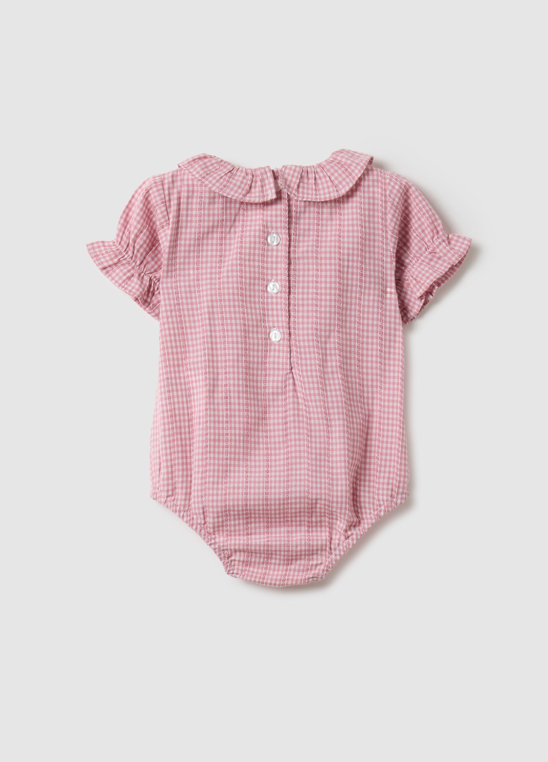 Multicoloured check cotton bodysuit for baby girls with ruffle collar