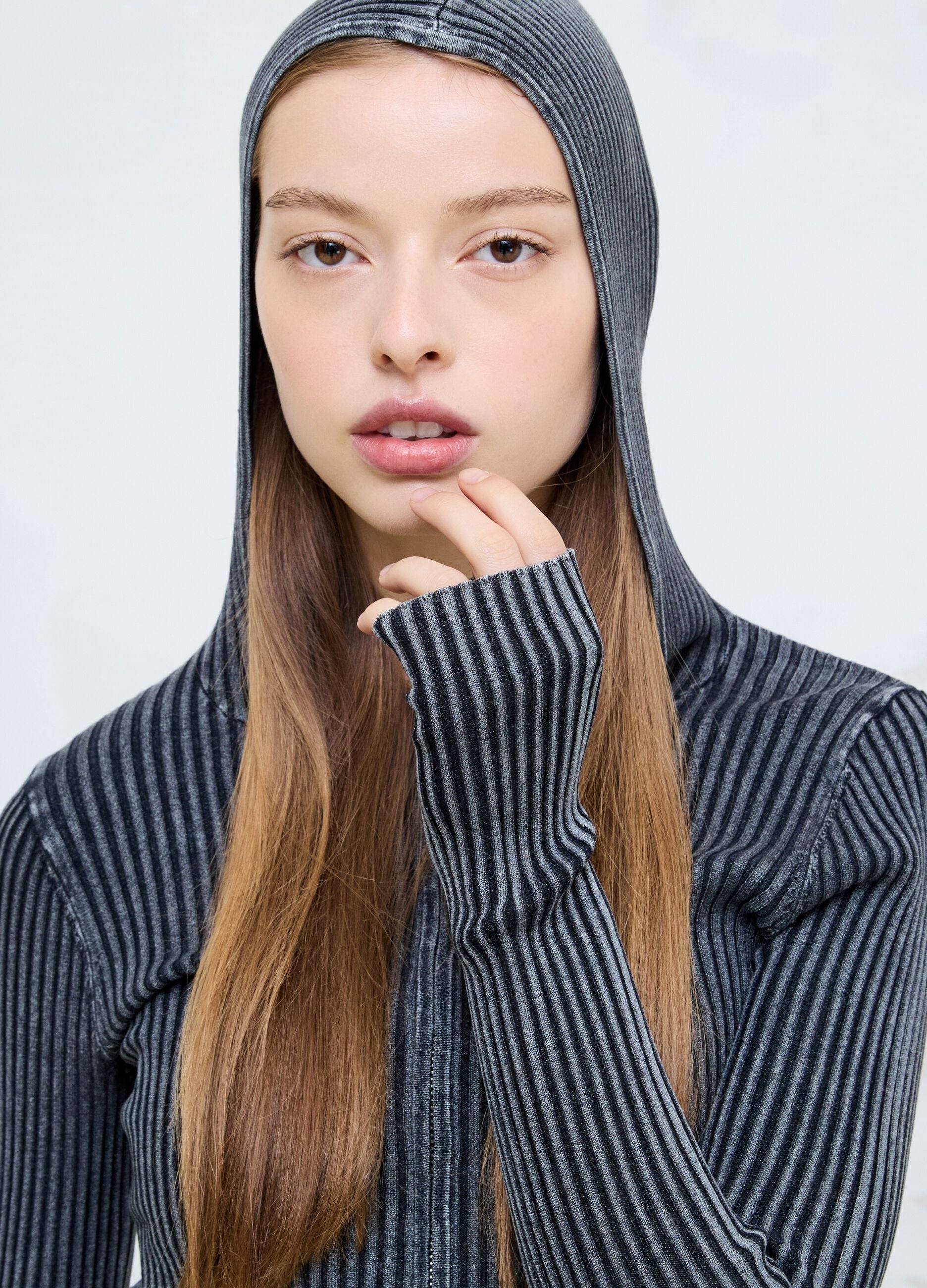Ribbed Knit Hoodie in Vintage Grey