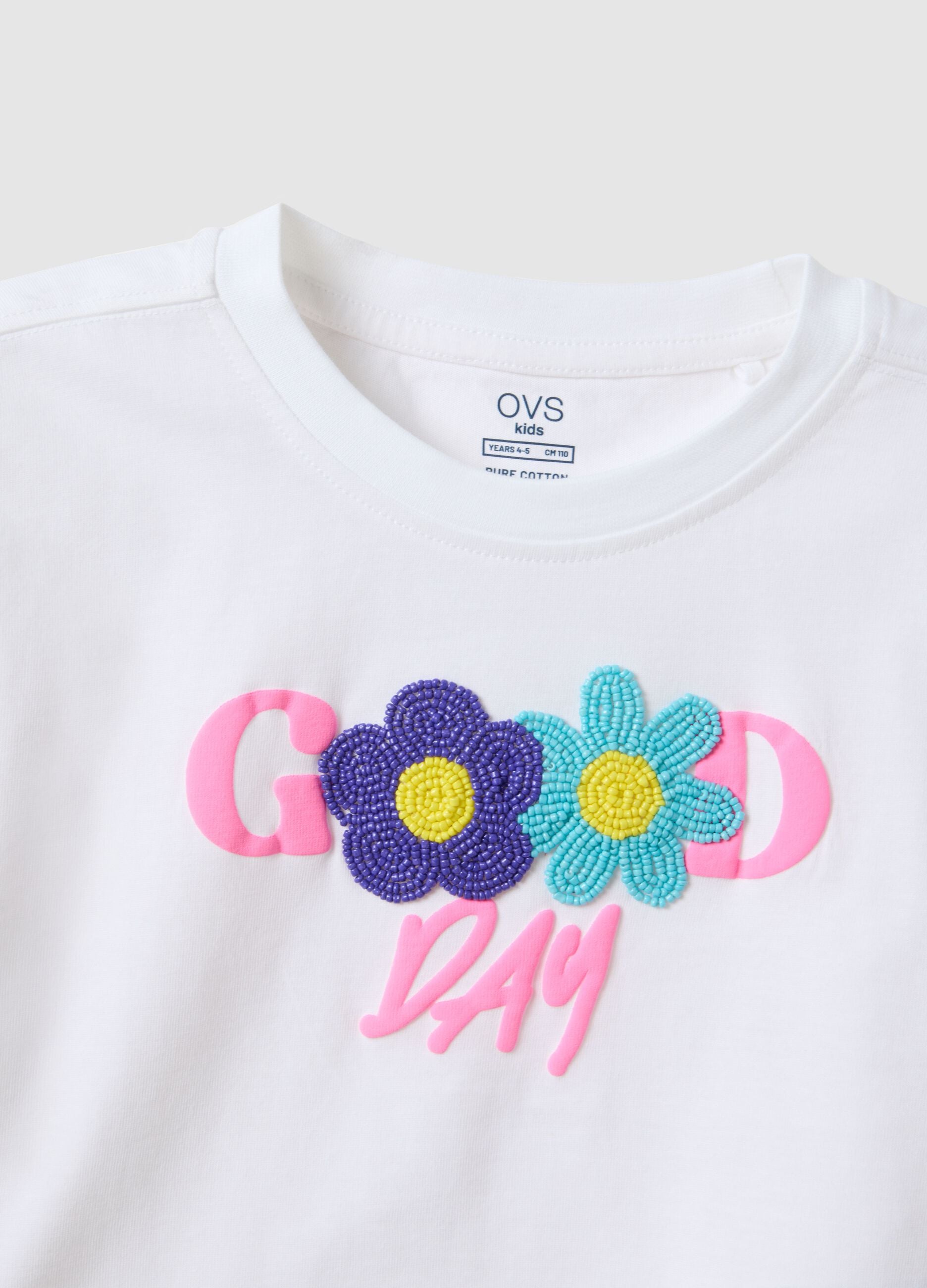Girls' White Pure Cotton Boxy Fit T-shirt with Beaded Flowers