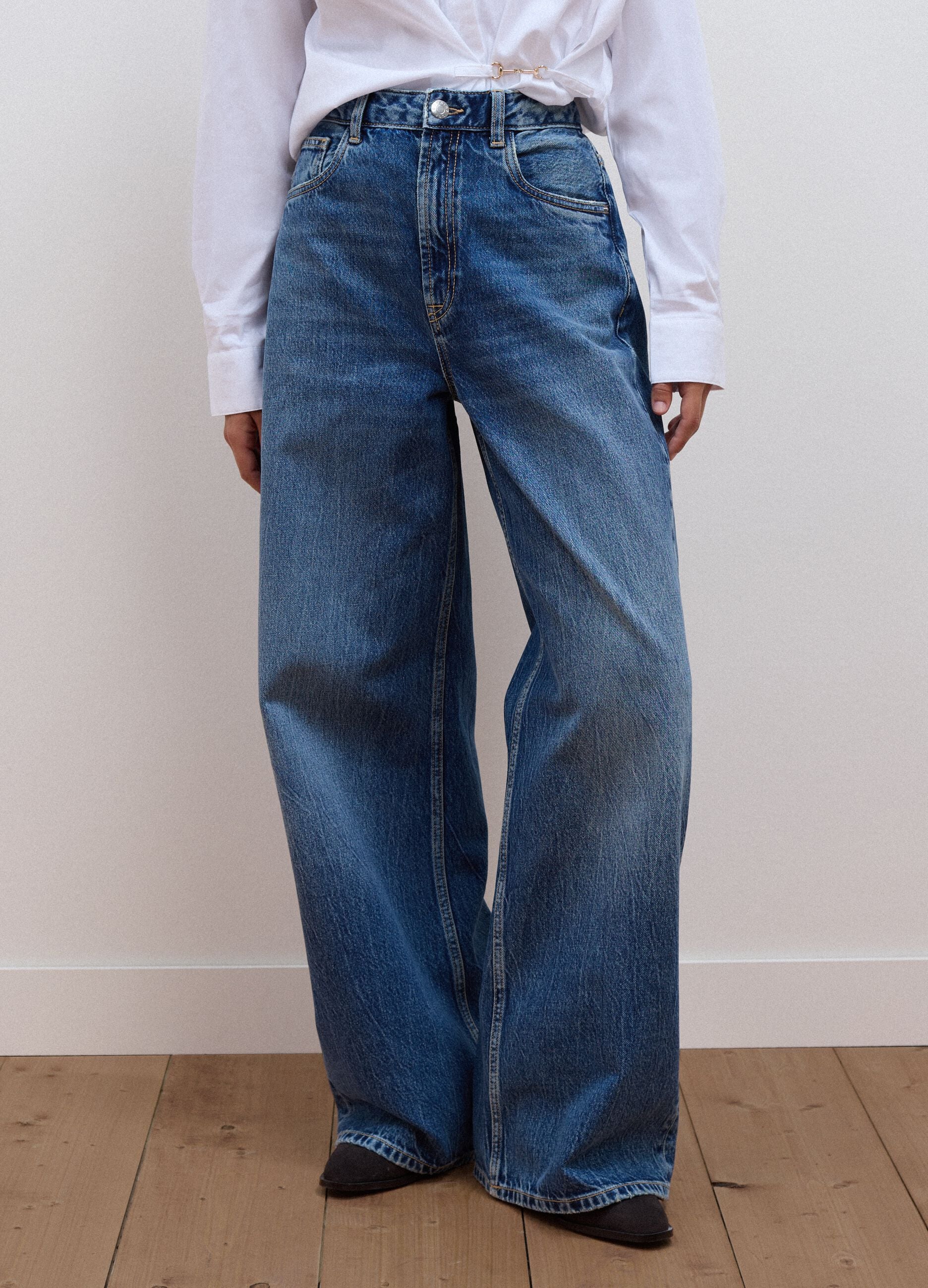 Blue denim wide-leg jeans in pure cotton
