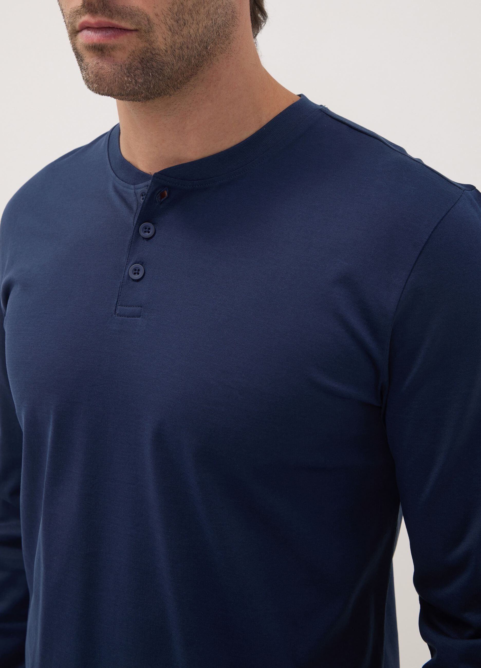 Blue pure organic cotton pyjamas with Henley neckline, regular fit