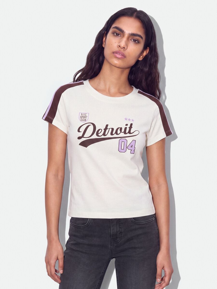 White pure-cotton crew-neck T-shirt with Detroit print_0